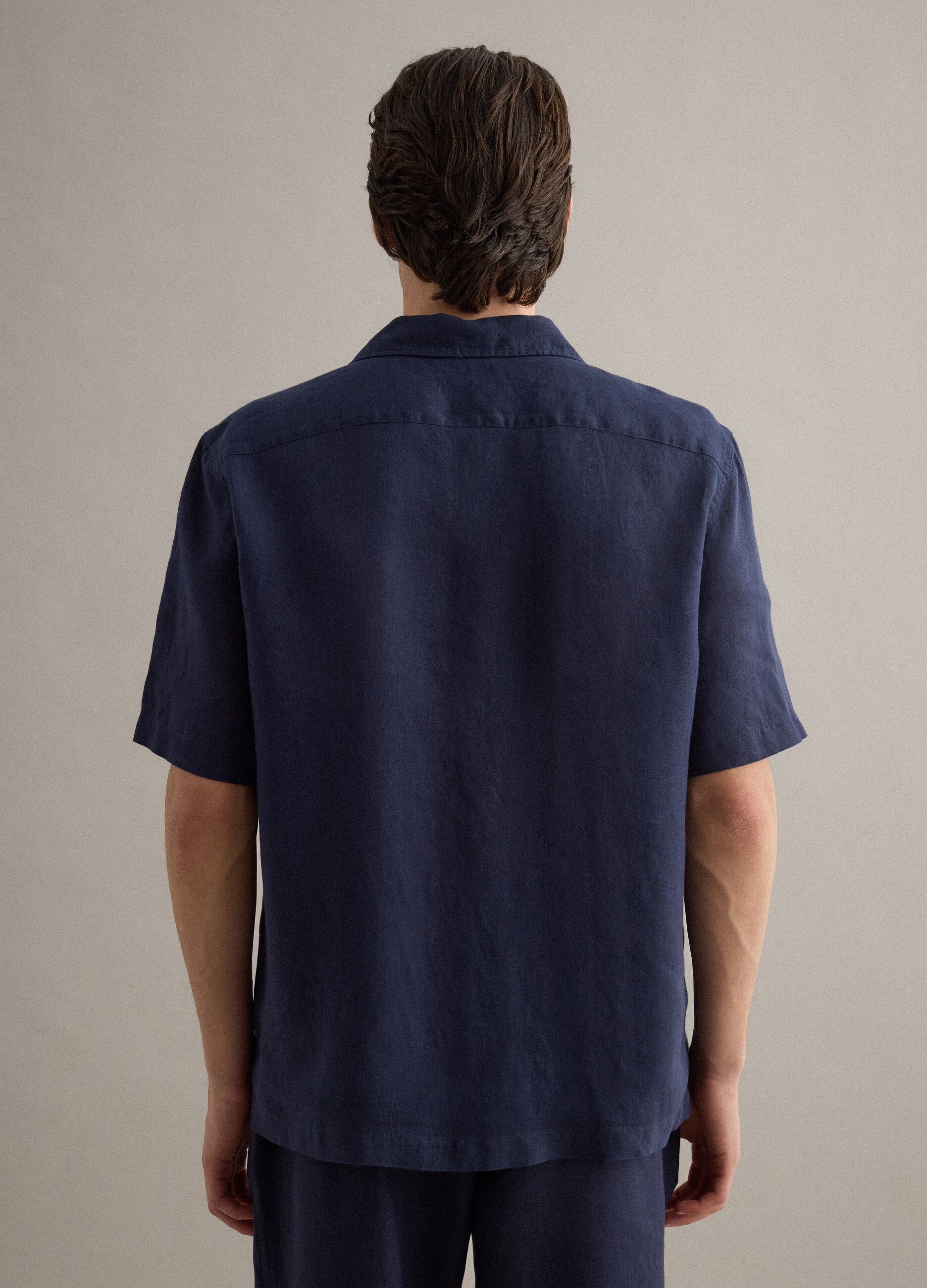 Blue short sleeve pure linen regular fit shirt with chest pocket