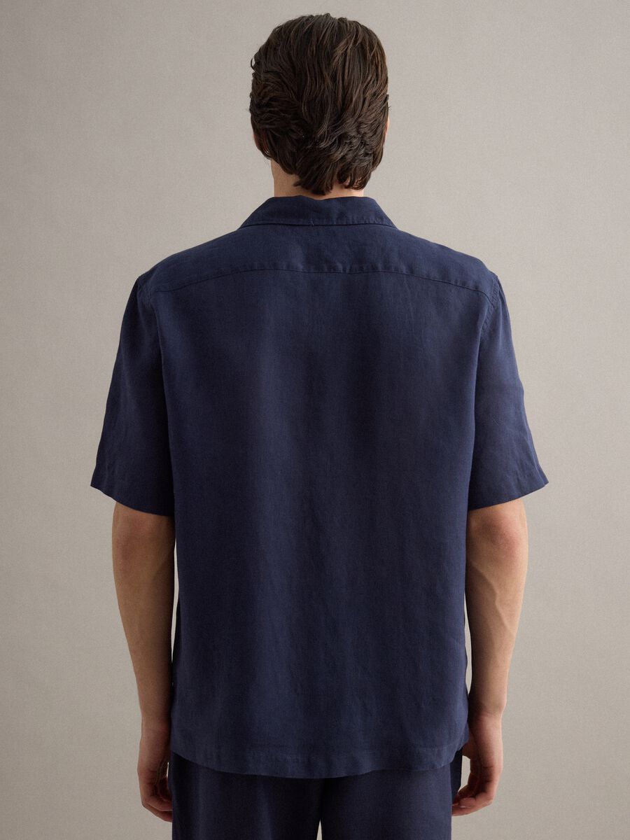 Camicia a maniche corte in puro lino blu regular fit con taschino_2