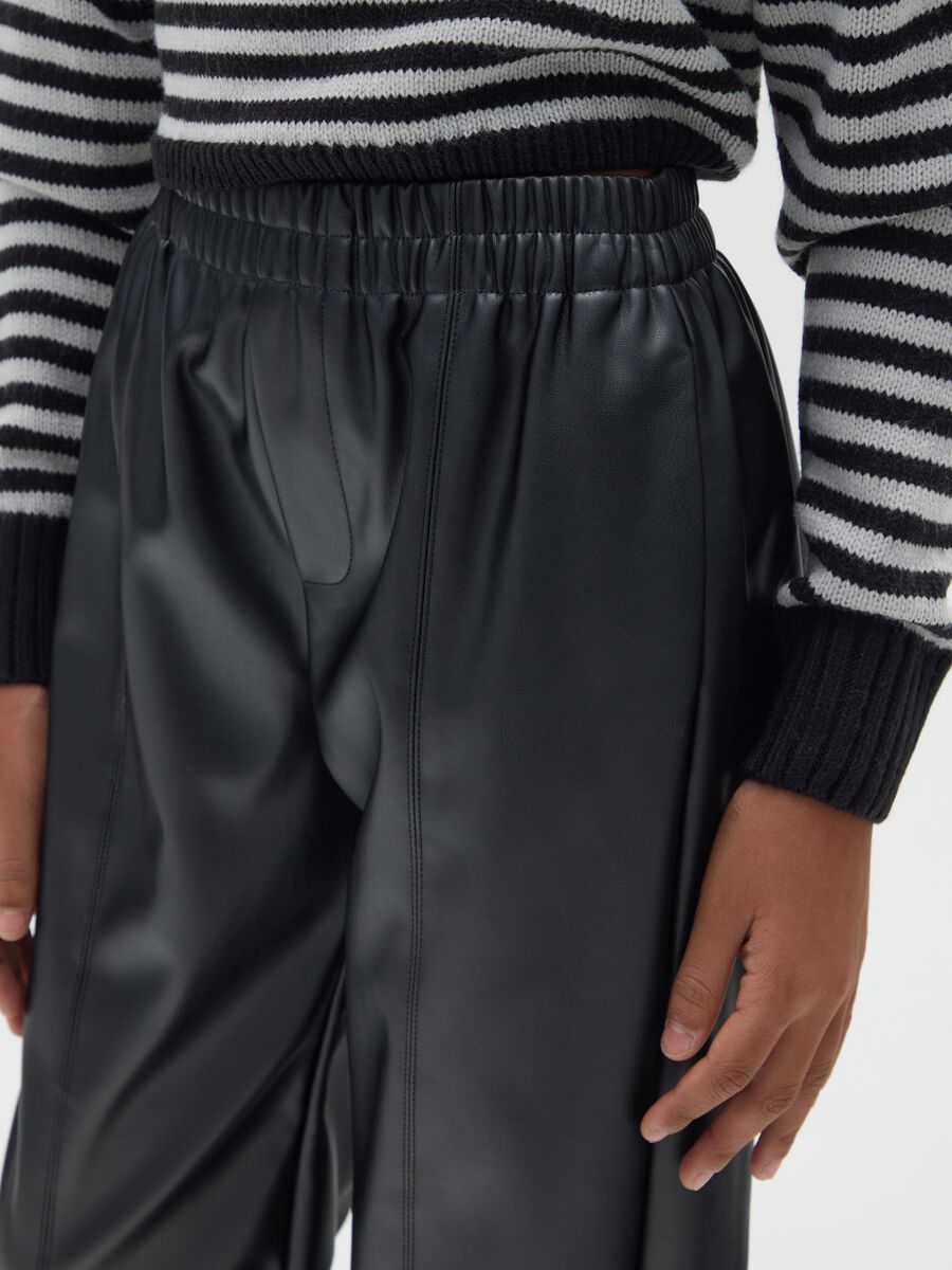 Black faux leather jogger trousers for girls_3
