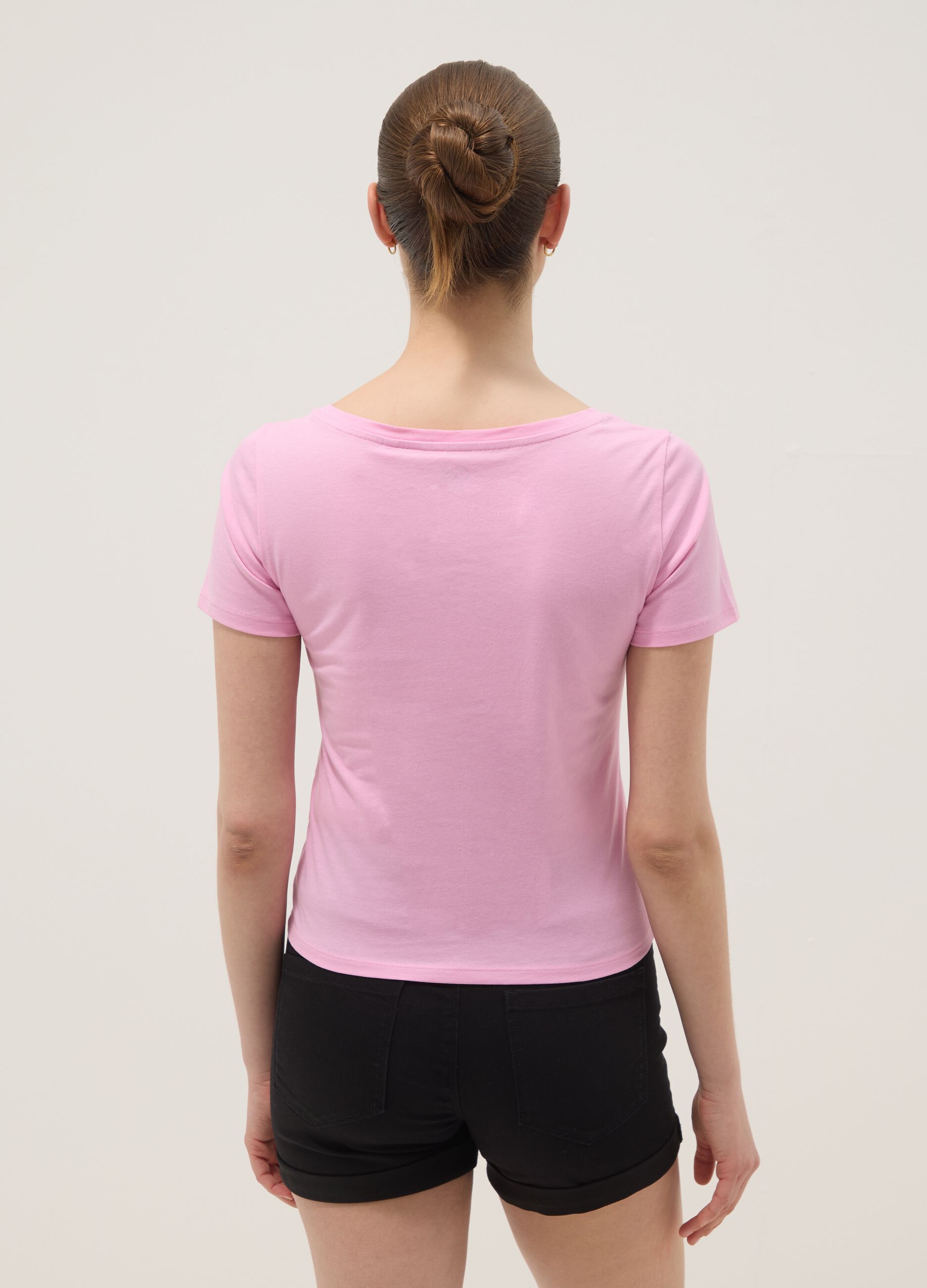 Pink pure cotton T-shirt with crew neck