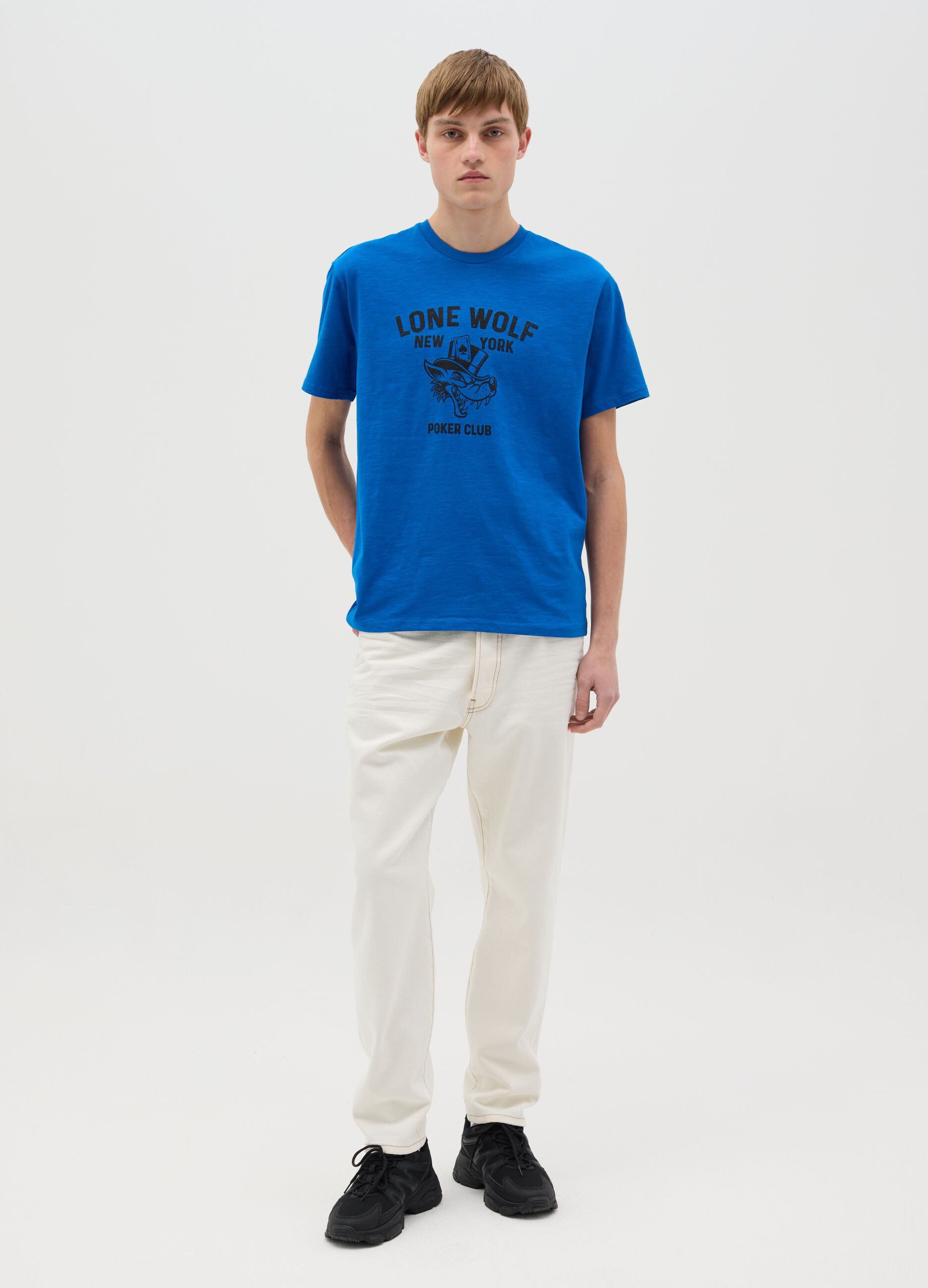 Cotton T-shirt with poker motif wolf print