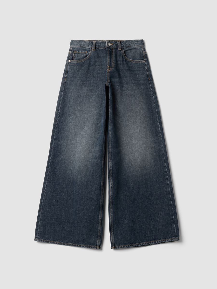 Blue pure cotton super wide-leg jeans_4