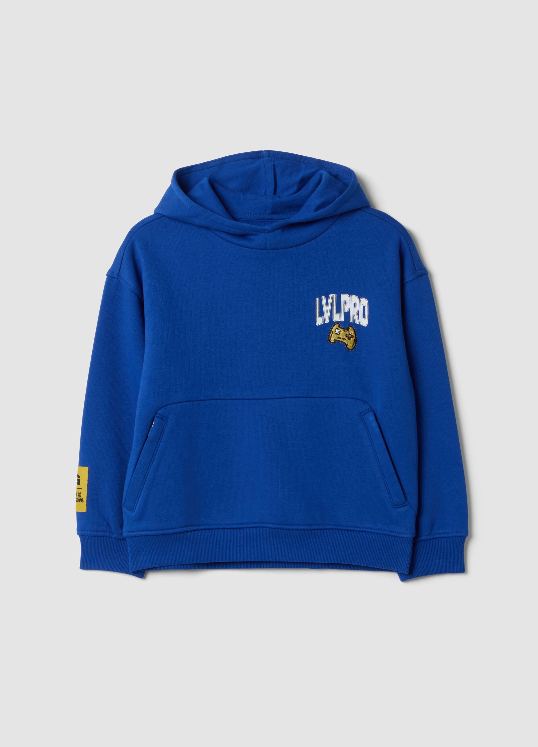 Blue cotton-blend hoodie with crew neck
