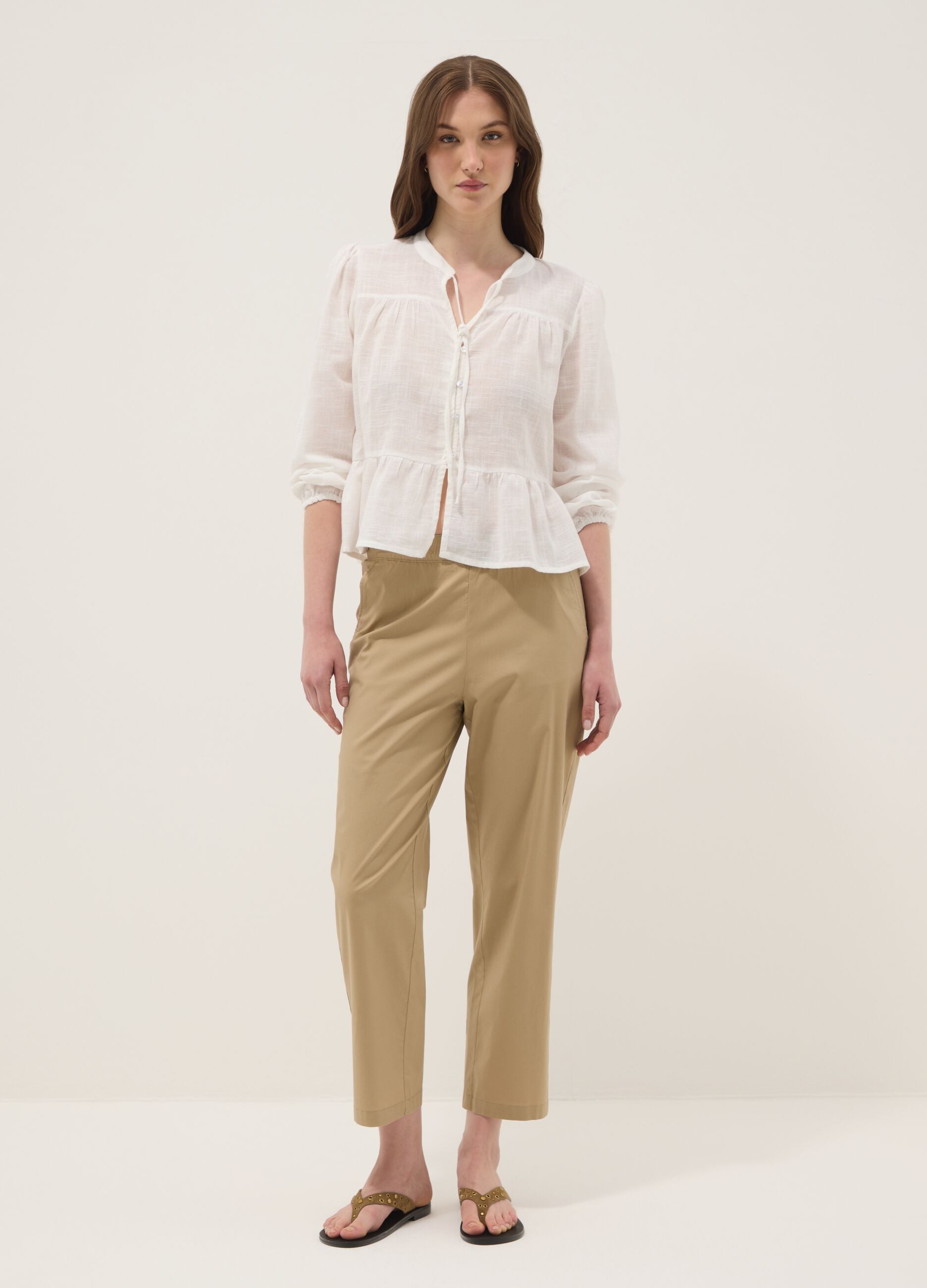 Beige stretch-cotton trousers with elasticated waistband