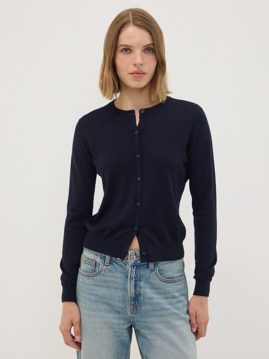 Navy wool-blend crew-neck cardigan_0