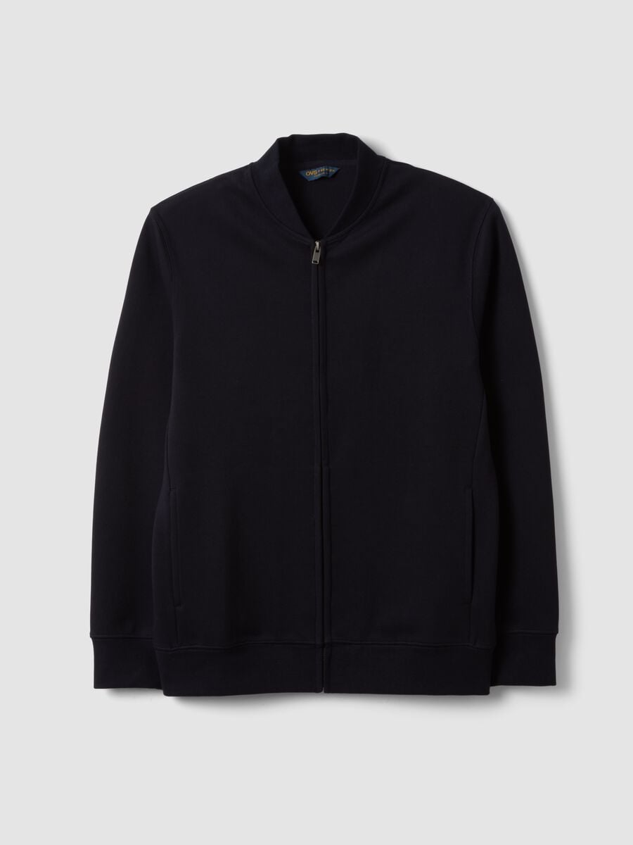 Felpa full zip blu in piquet di tessuto elasticizzato con collo a costine_0