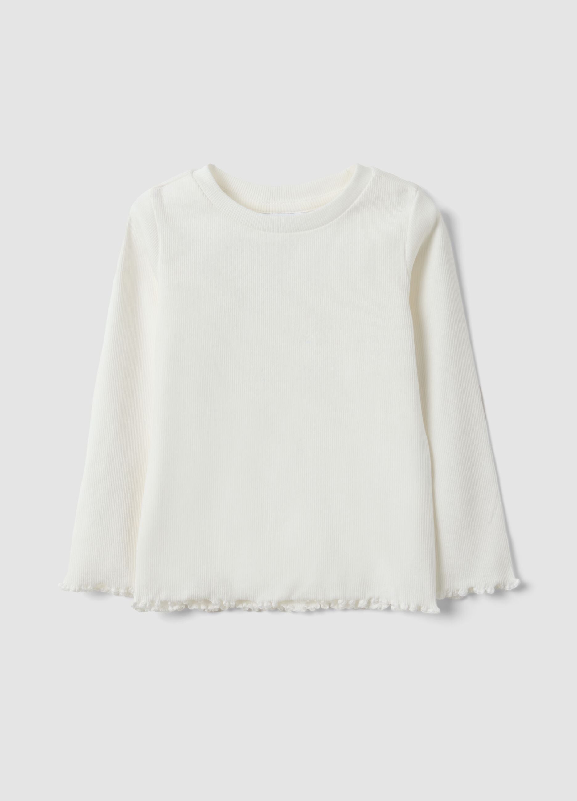 White slim-fit ribbed stretch cotton T-shirt for baby girl