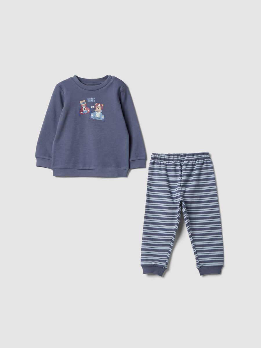 Pigiama viola in puro cotone organico con maglia e pantaloni rigati per neonato e bimbo_0