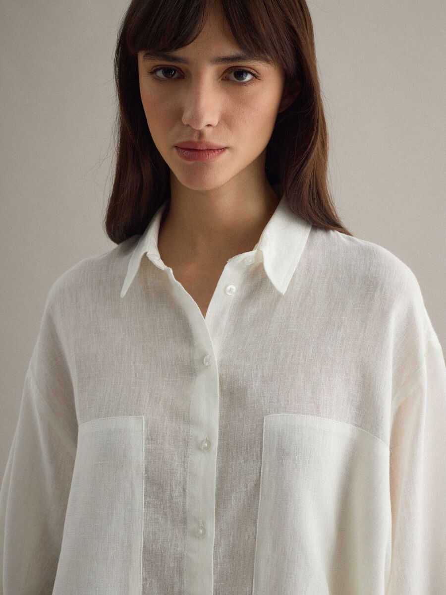 White oversized fit linen blend shirt_0