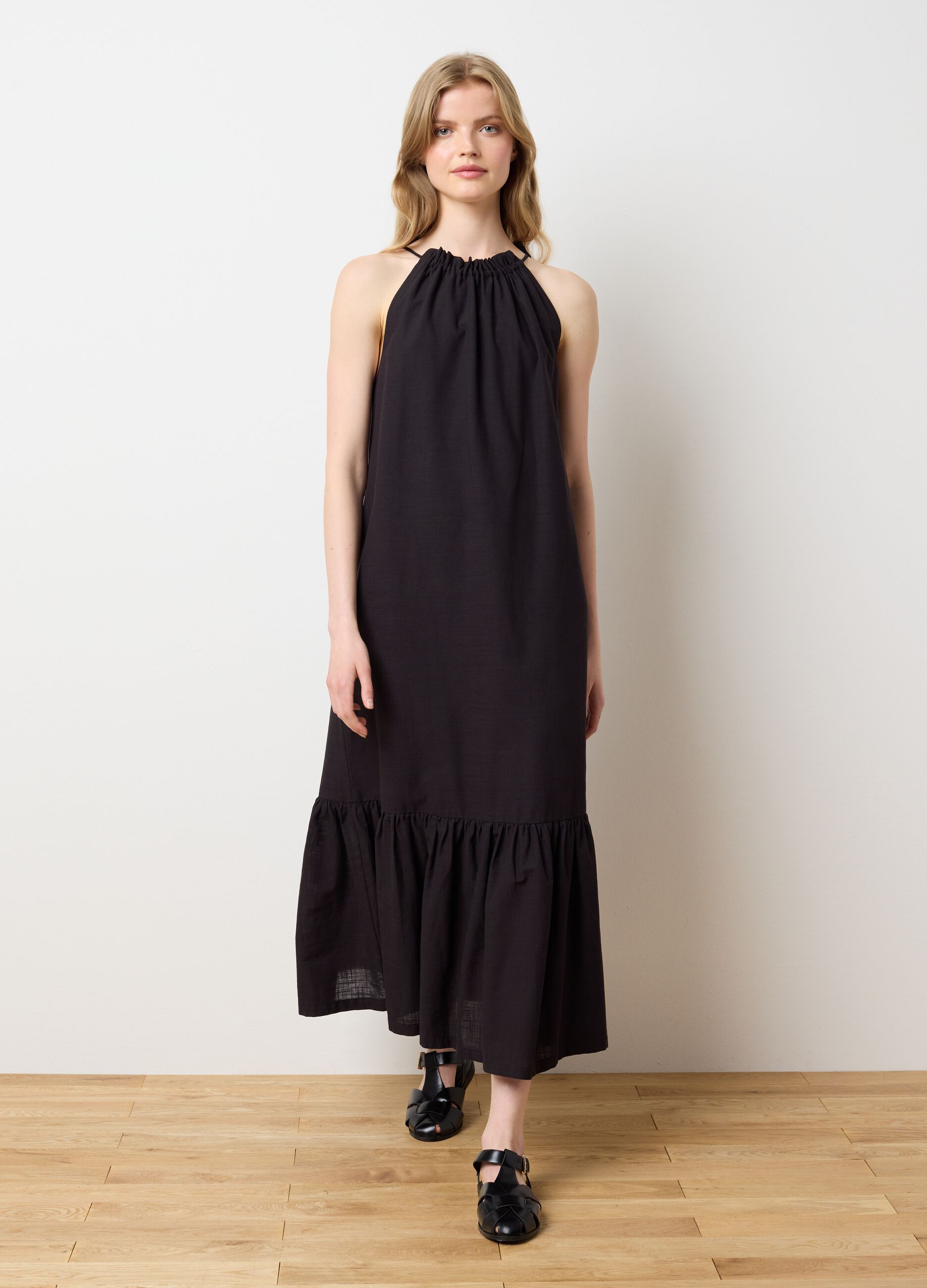 Women's long dress in pure black cotton, oversize