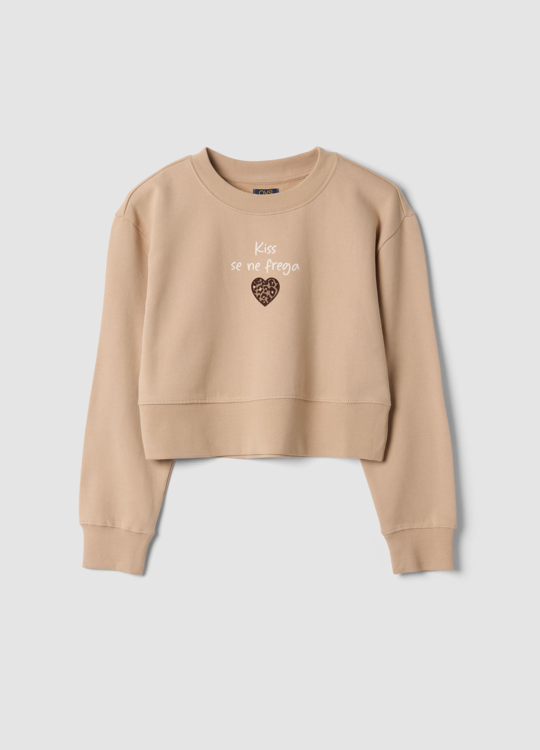 Beige sweatshirt in pure organic cotton with ribbed neckline