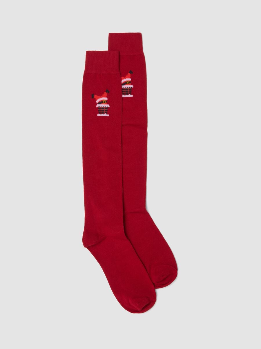 Calze lunghe rosse in misto cotone elasticizzato con motivo natalizio_0