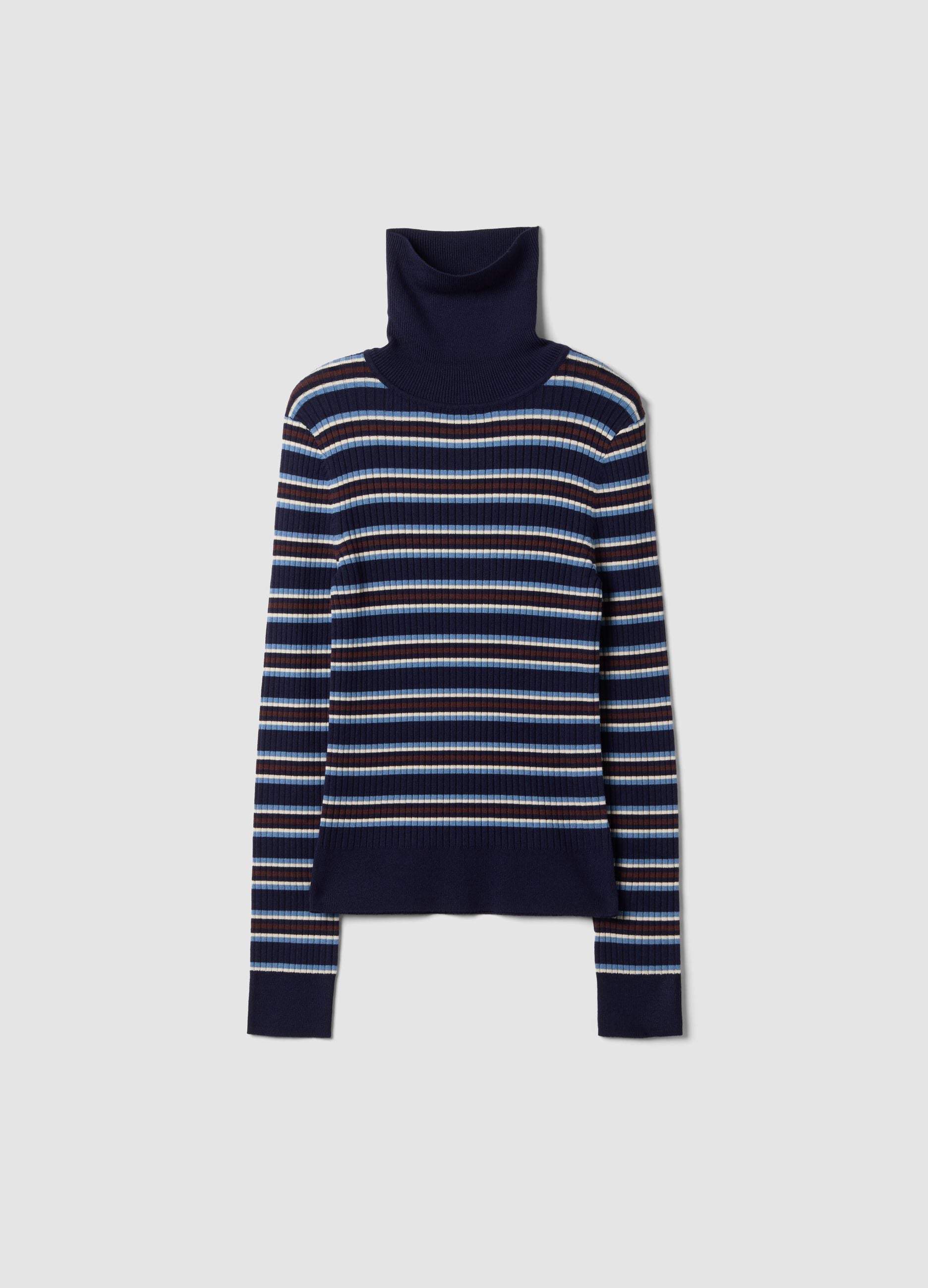 Blue striped fitted crew-neck top in viscose blend