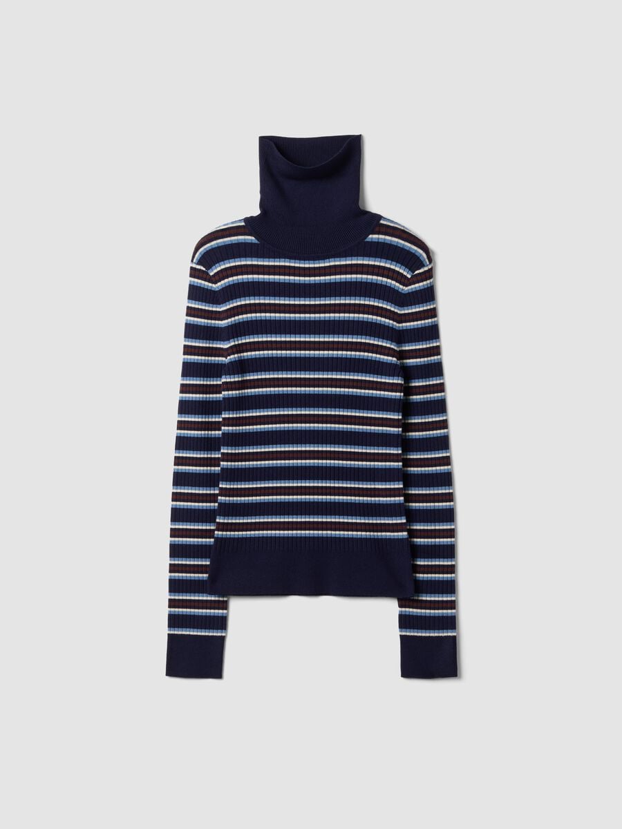 Blue striped fitted crew-neck top in viscose blend_0