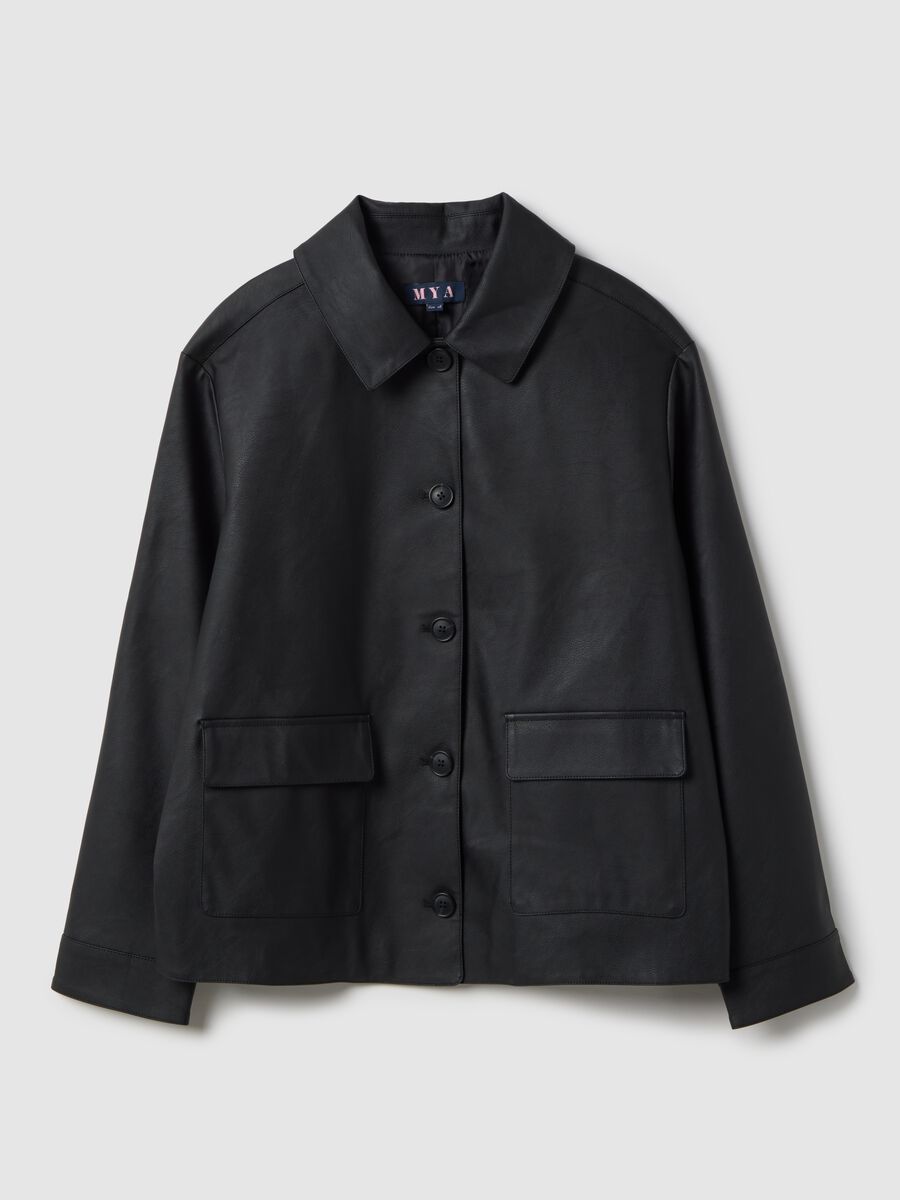 Black regular fit jacket with buttons and patch pockets_0