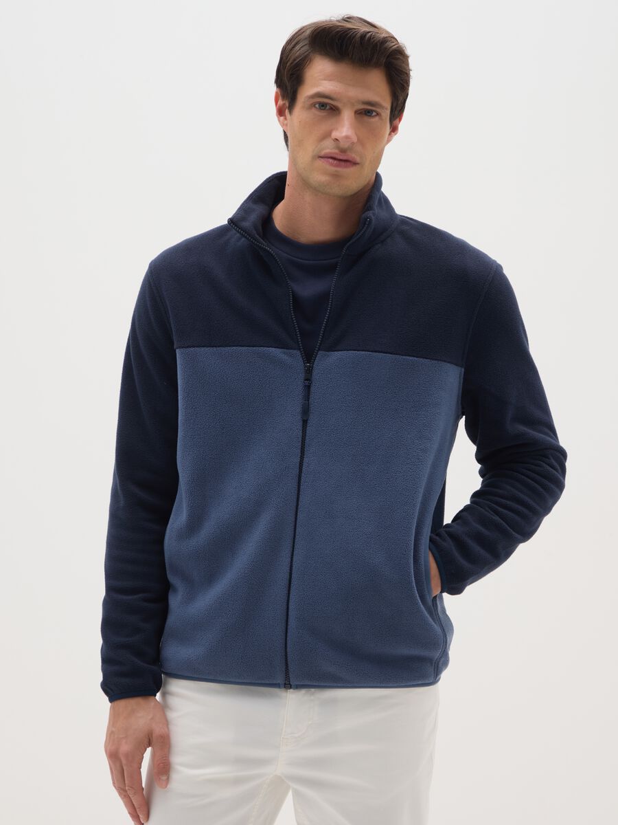 Blue high-neck fleece blend regular fit sweatshirt with zip_0