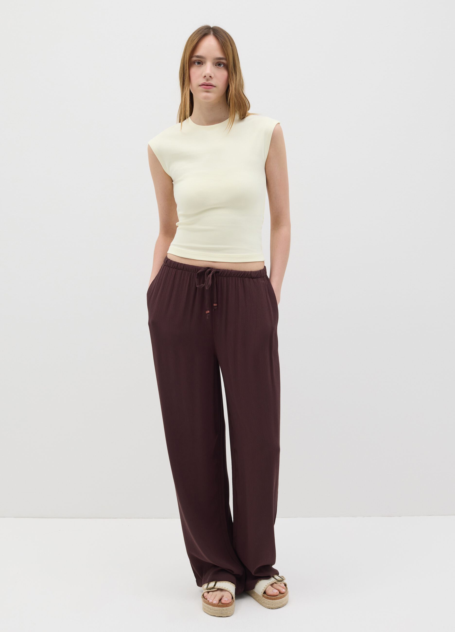 Women's beige fitted vest top in stretch cotton