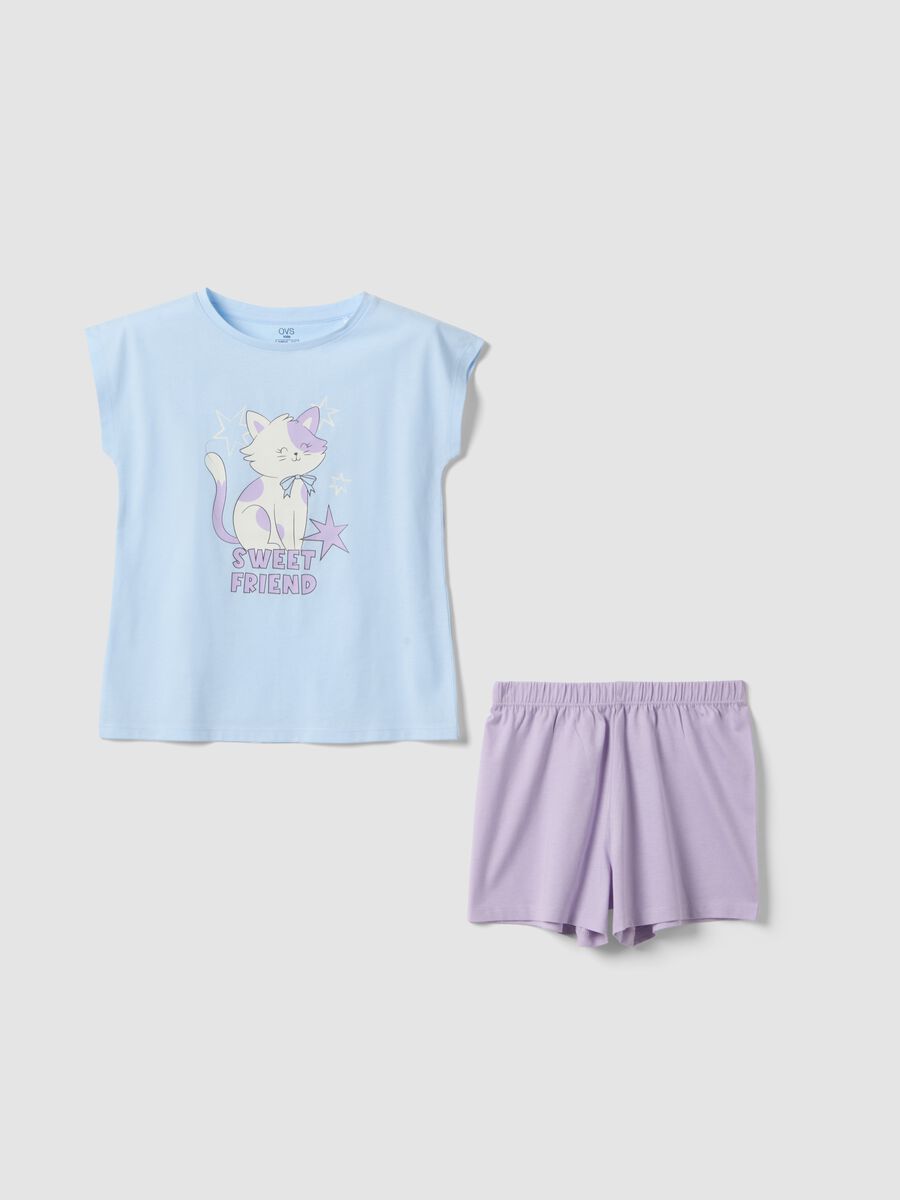 Pigiama corto in puro cotone multicolor da bambina con stampa_0