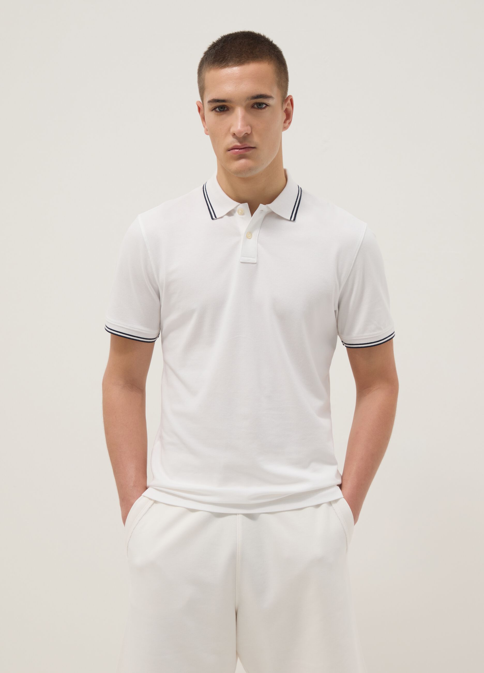 White stretch cotton polo shirt, regular fit