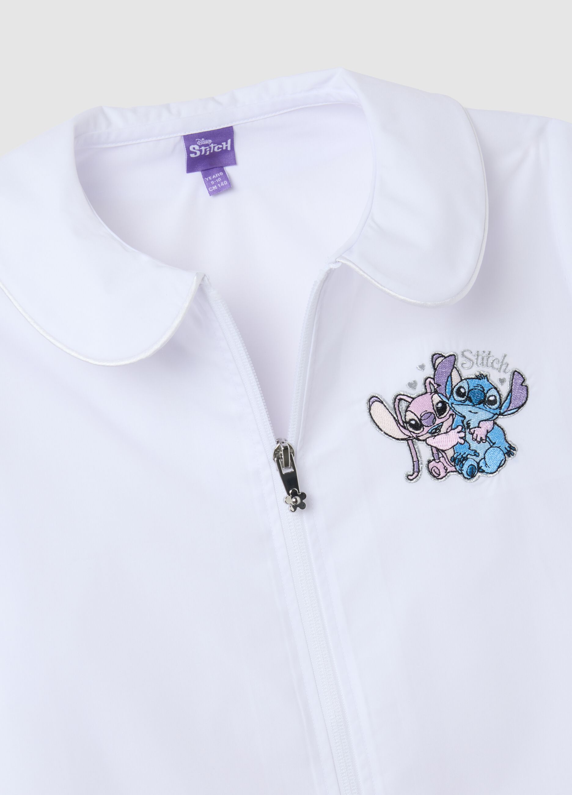 Girls' school smock in white cotton blend with Stitch embroidery