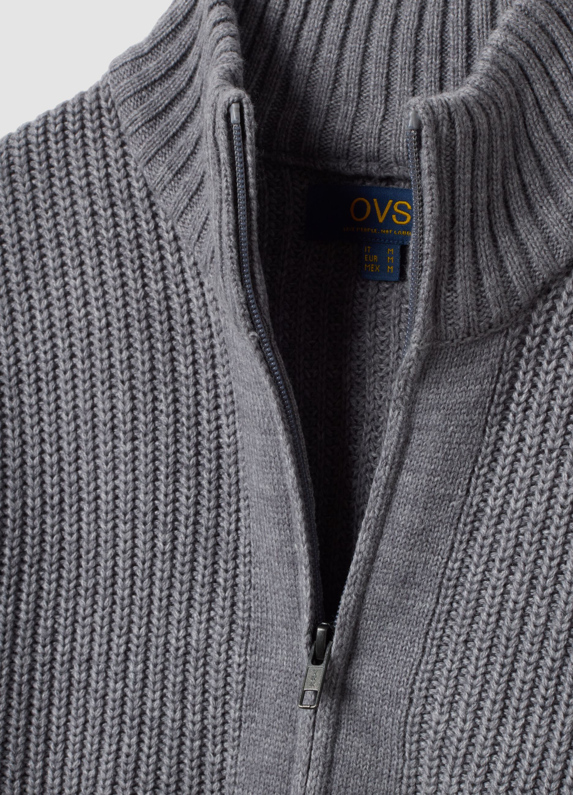 Grey rib-knit cardigan with collar and zip, regular fit