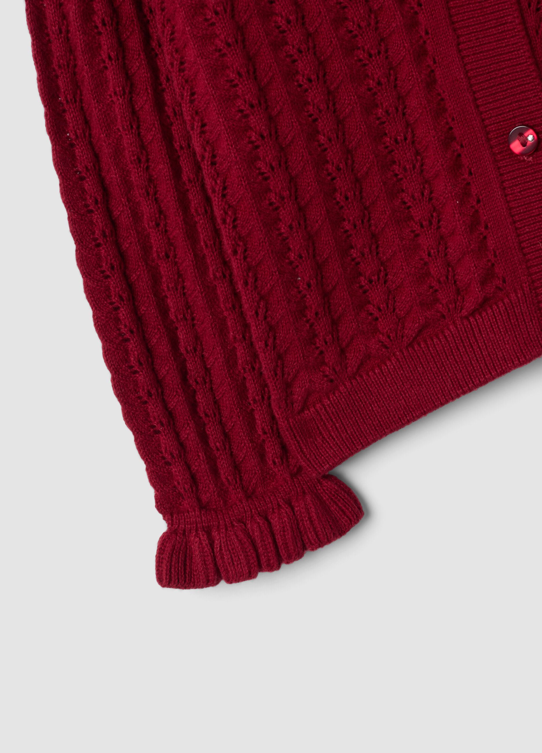 Cardigan rosso in puro cotone a maglia traforata per bimba