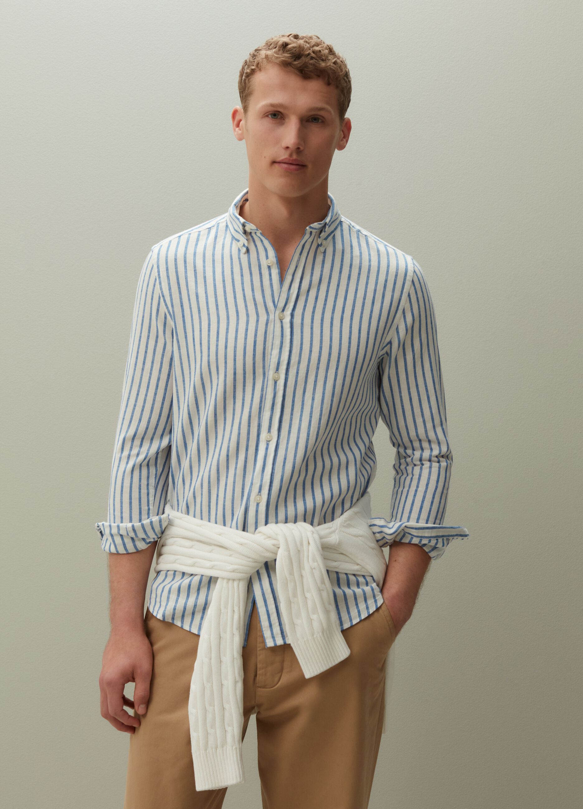 Regular-fit linen and cotton shirt with stripes