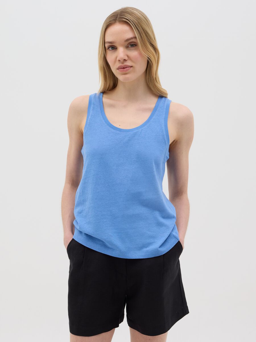 Blue cotton and linen tank top_0