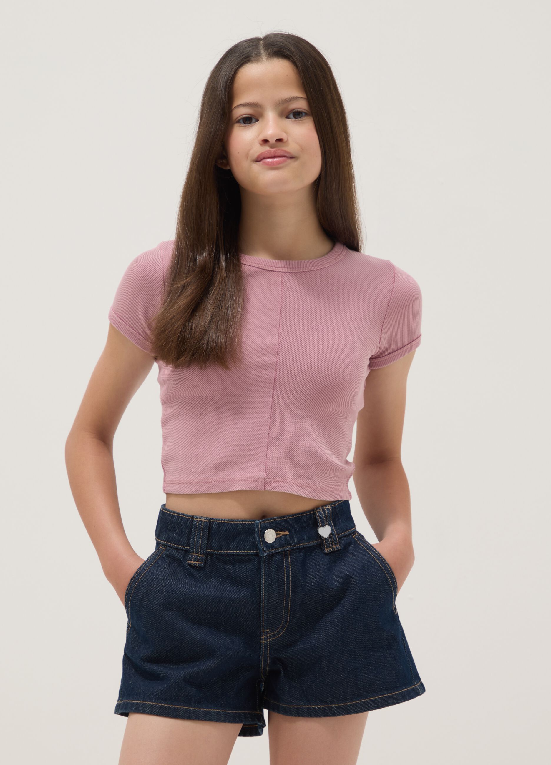 T-shirt rosa a maniche corte in cotone elasticizzato