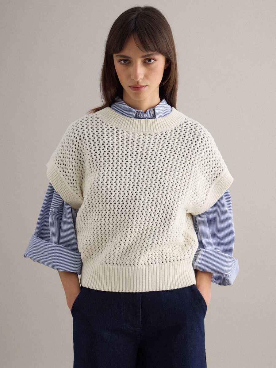 White cotton blend eyelet knit regular fit jumper_1
