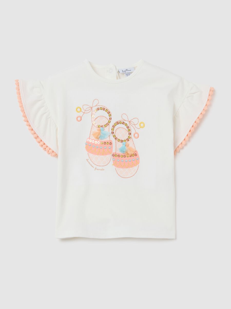 White cotton girl's T-shirt regular fit with ruffles_0