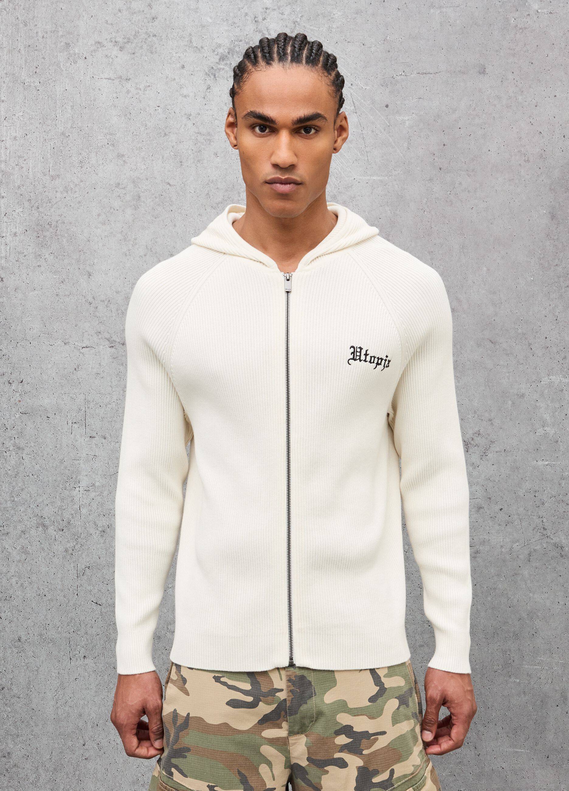 White Ribbed Knit Hoodie