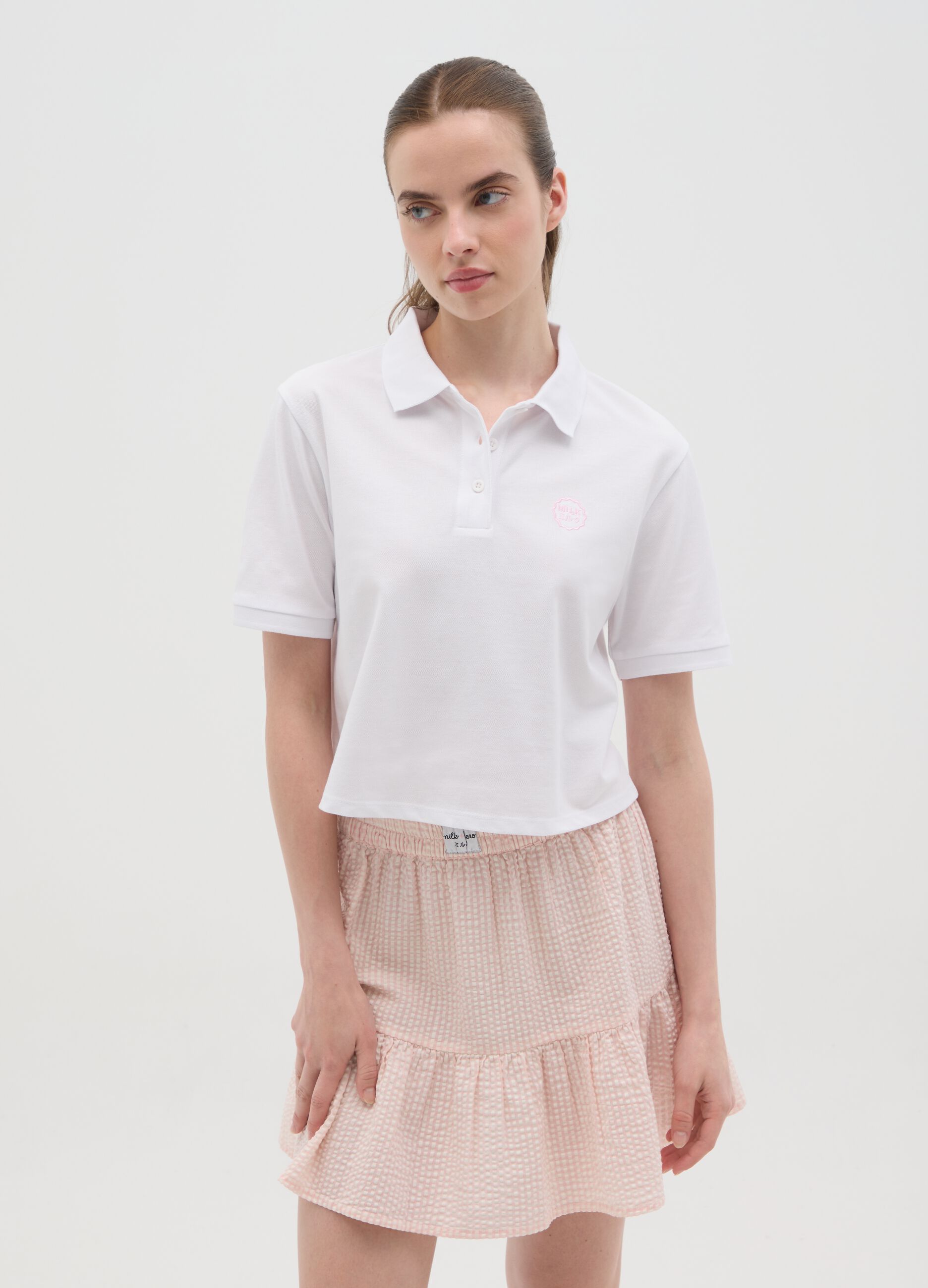 Women's pure white cotton polo, regular fit with classic collar and embroidered logo