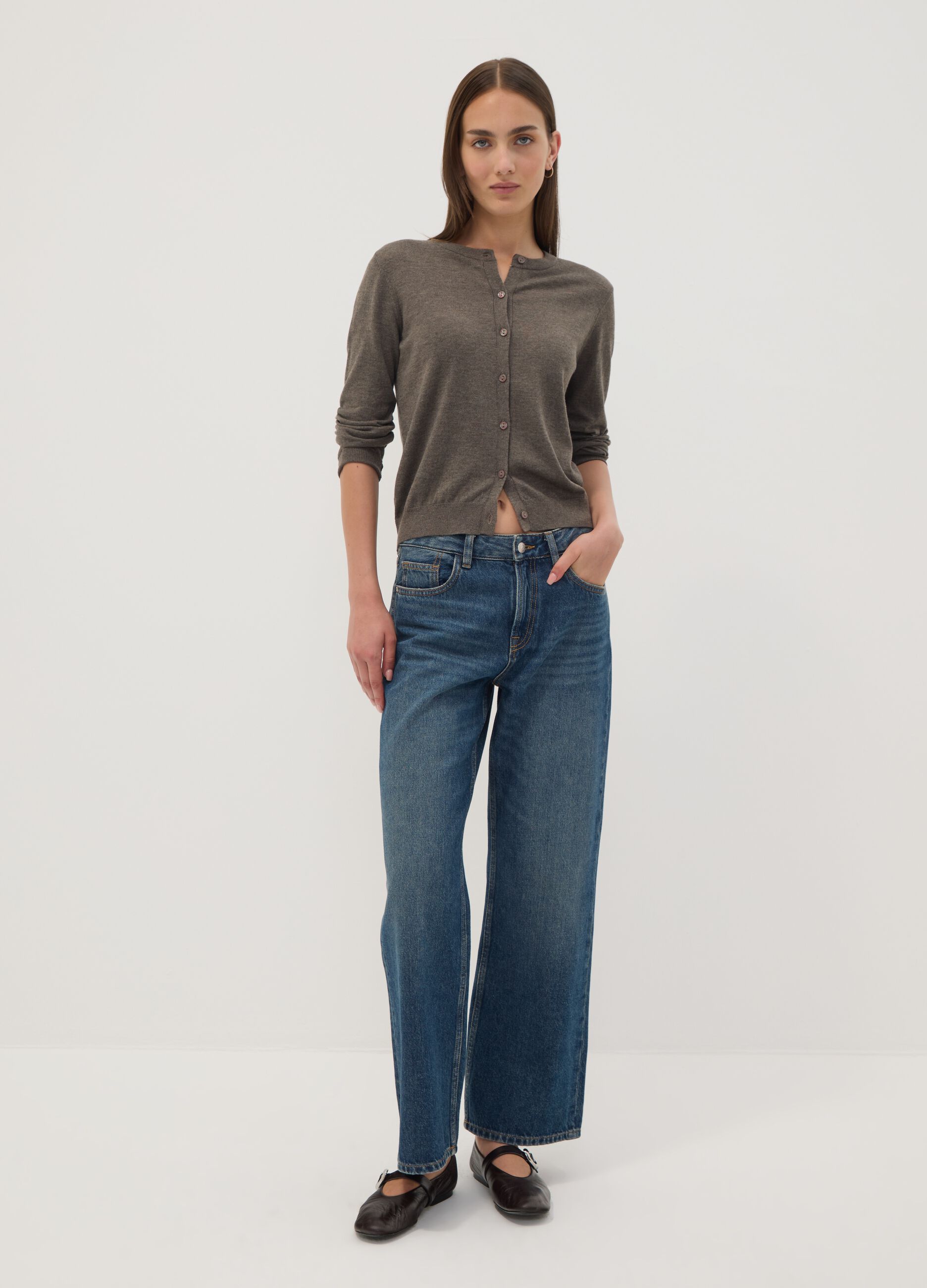 Grey wool-blend crew-neck cardigan