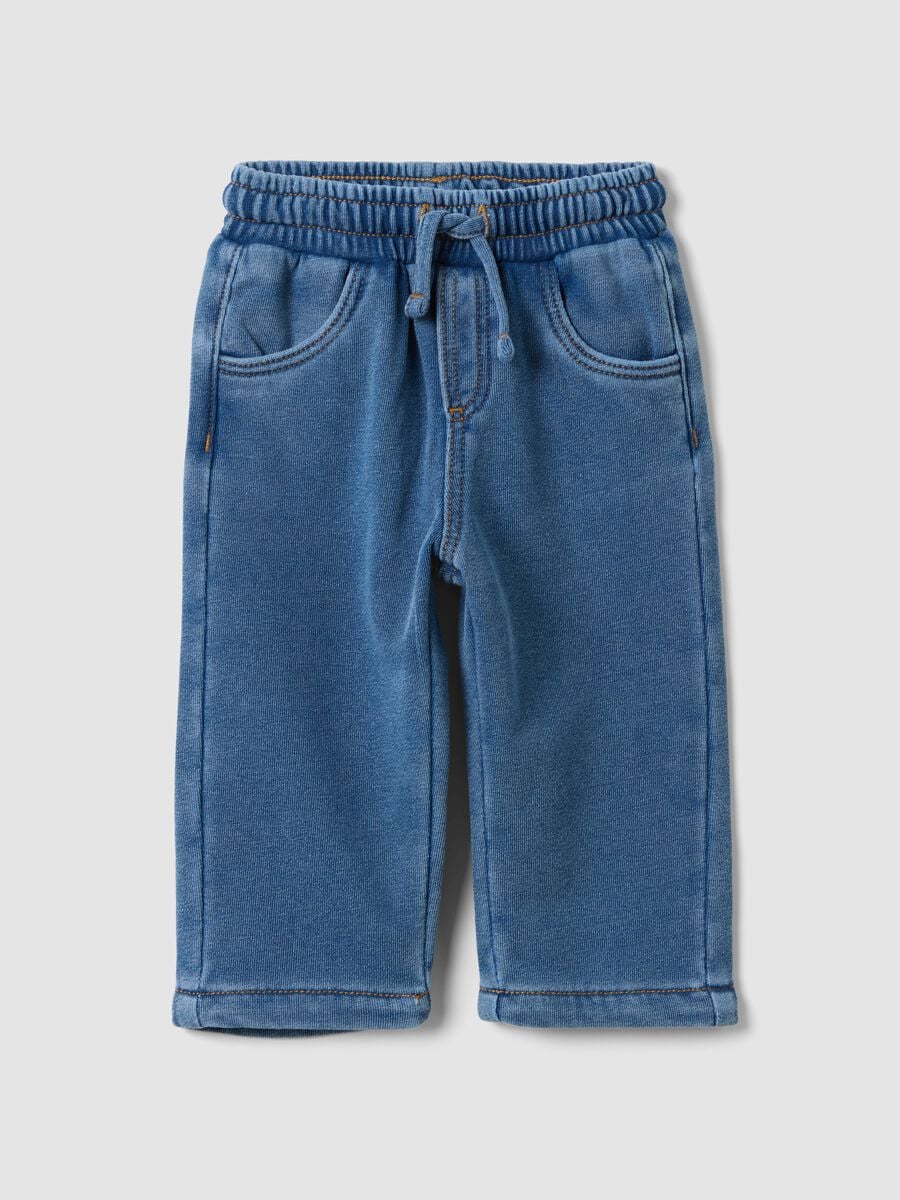 Pantaloni denim blu in misto cotone con vita elasticizzata per bimbo_0