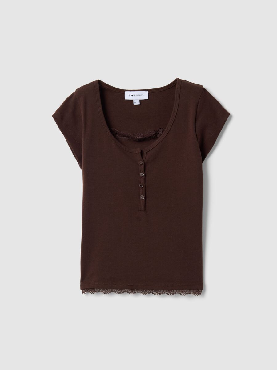T-shirt in misto cotone marrone regular fit con dettagli in pizzo_4