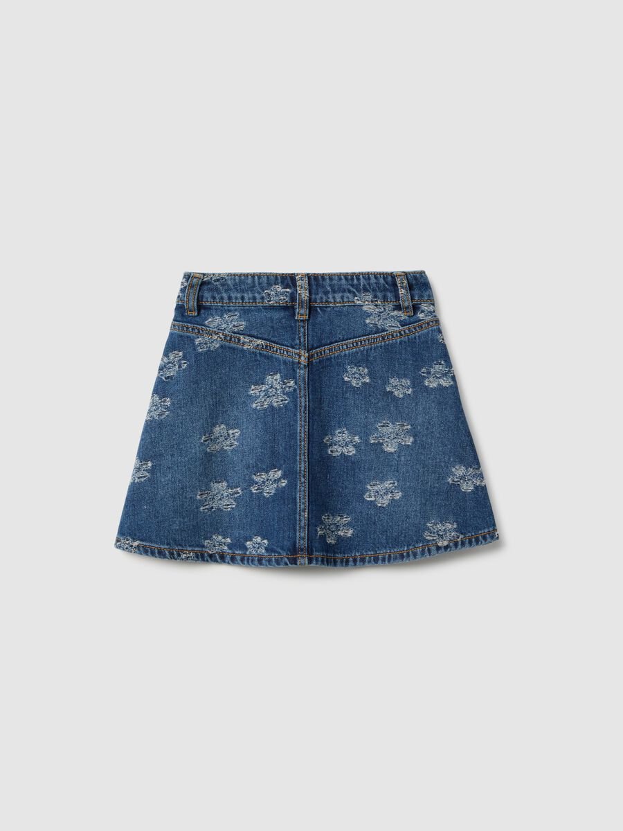 Blue denim pure cotton skirt with floral prints for girls, regular fit_1