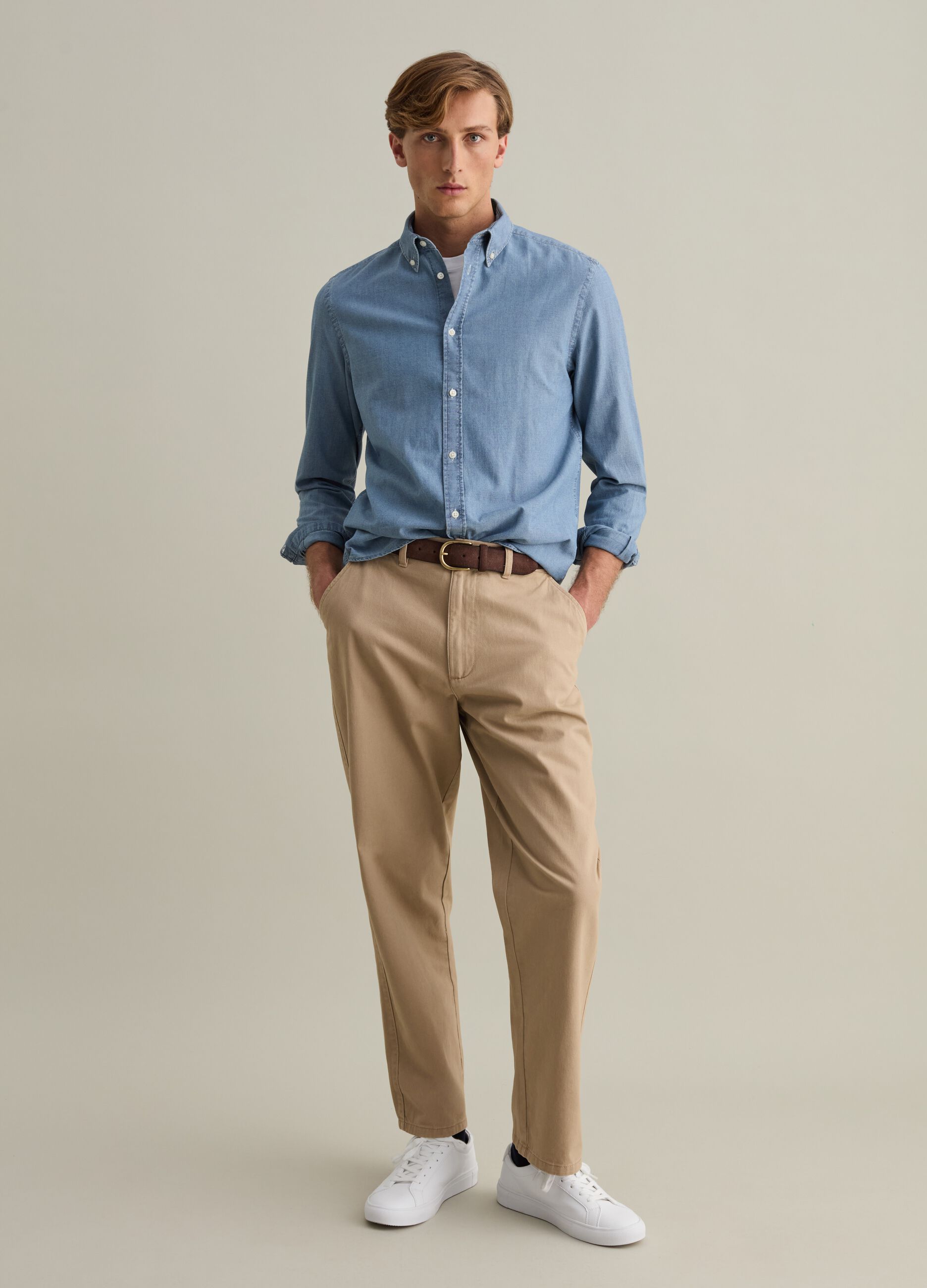 Camicia regular fit in cotone chambray