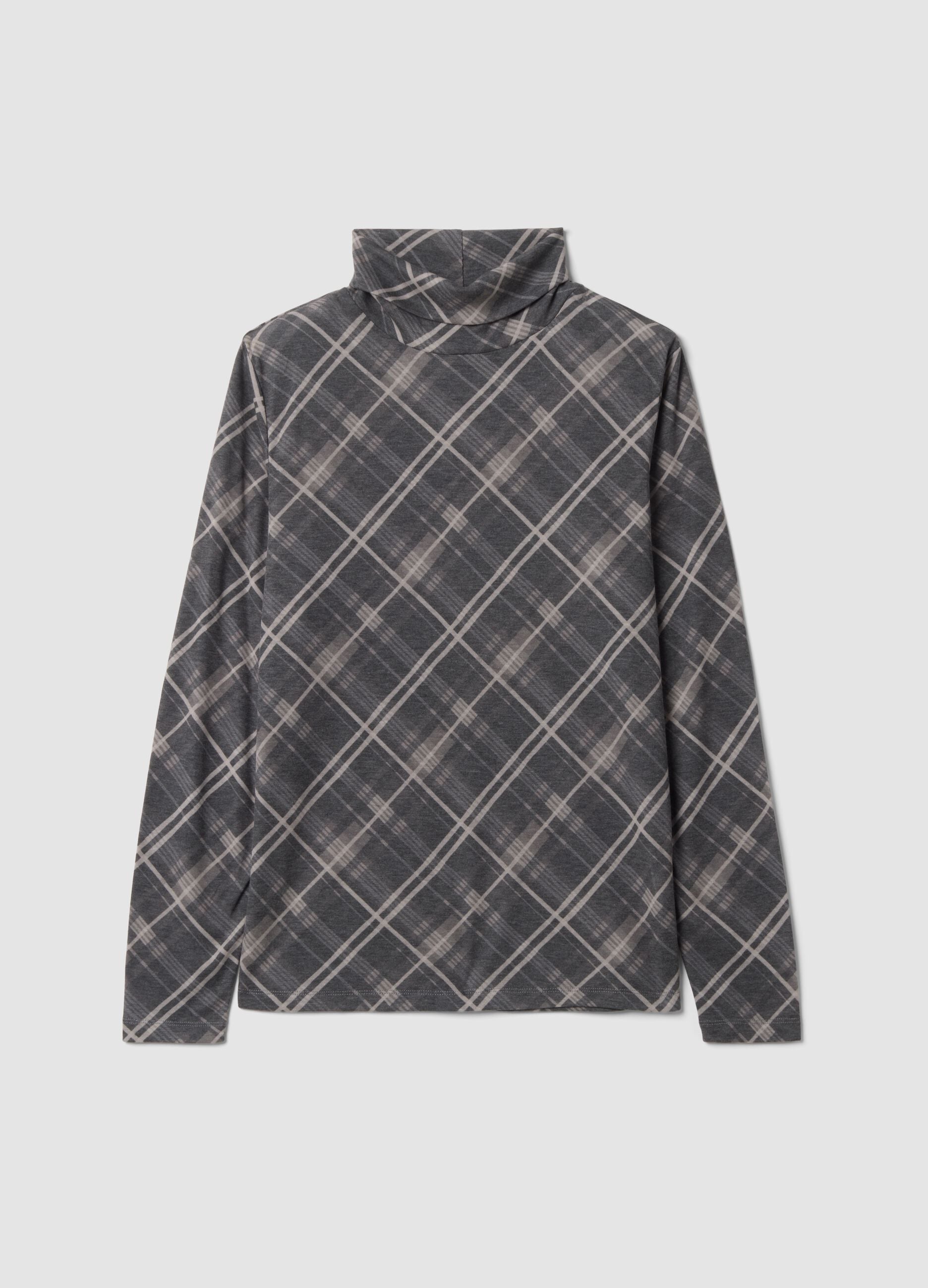 Grey lyocell-blend jumper with check roll neck, regular fit