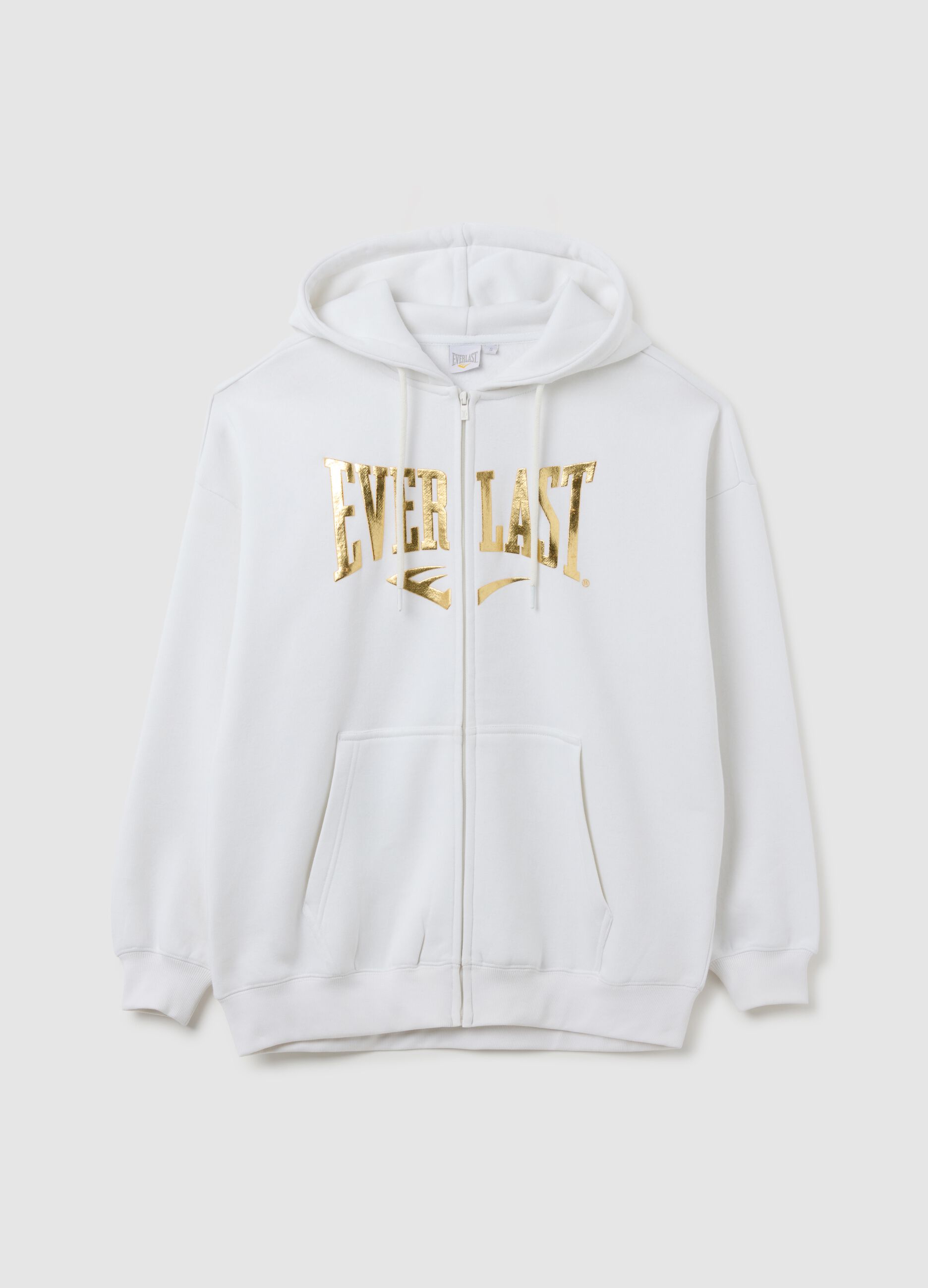 White cotton-blend zip hoodie with print