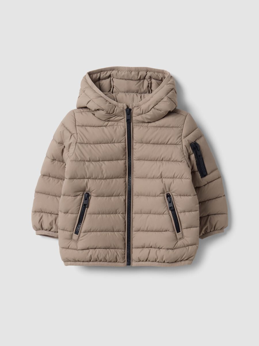 Beige ultralight quilted hooded jacket for boys_0