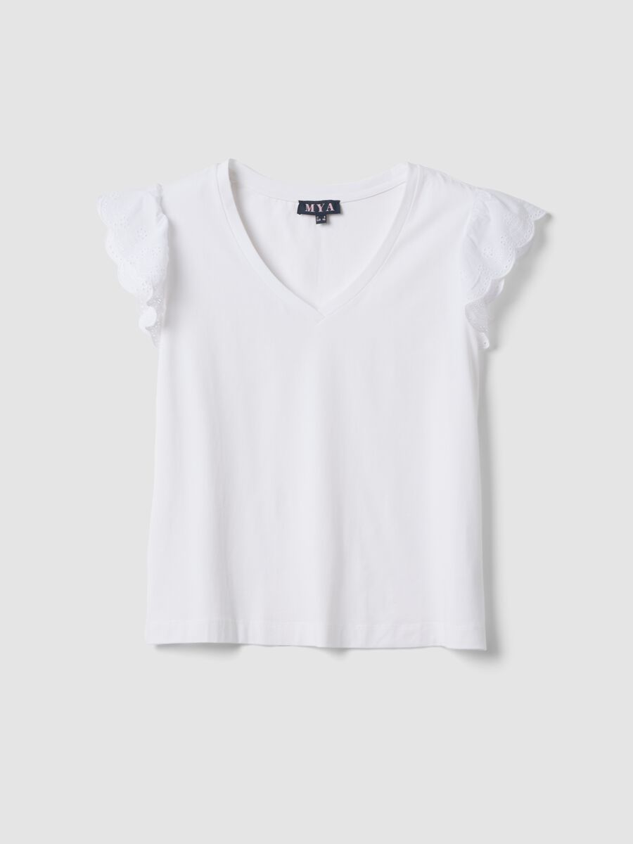 White stretch cotton T-shirt with broderie frill sleeves, regular fit_4