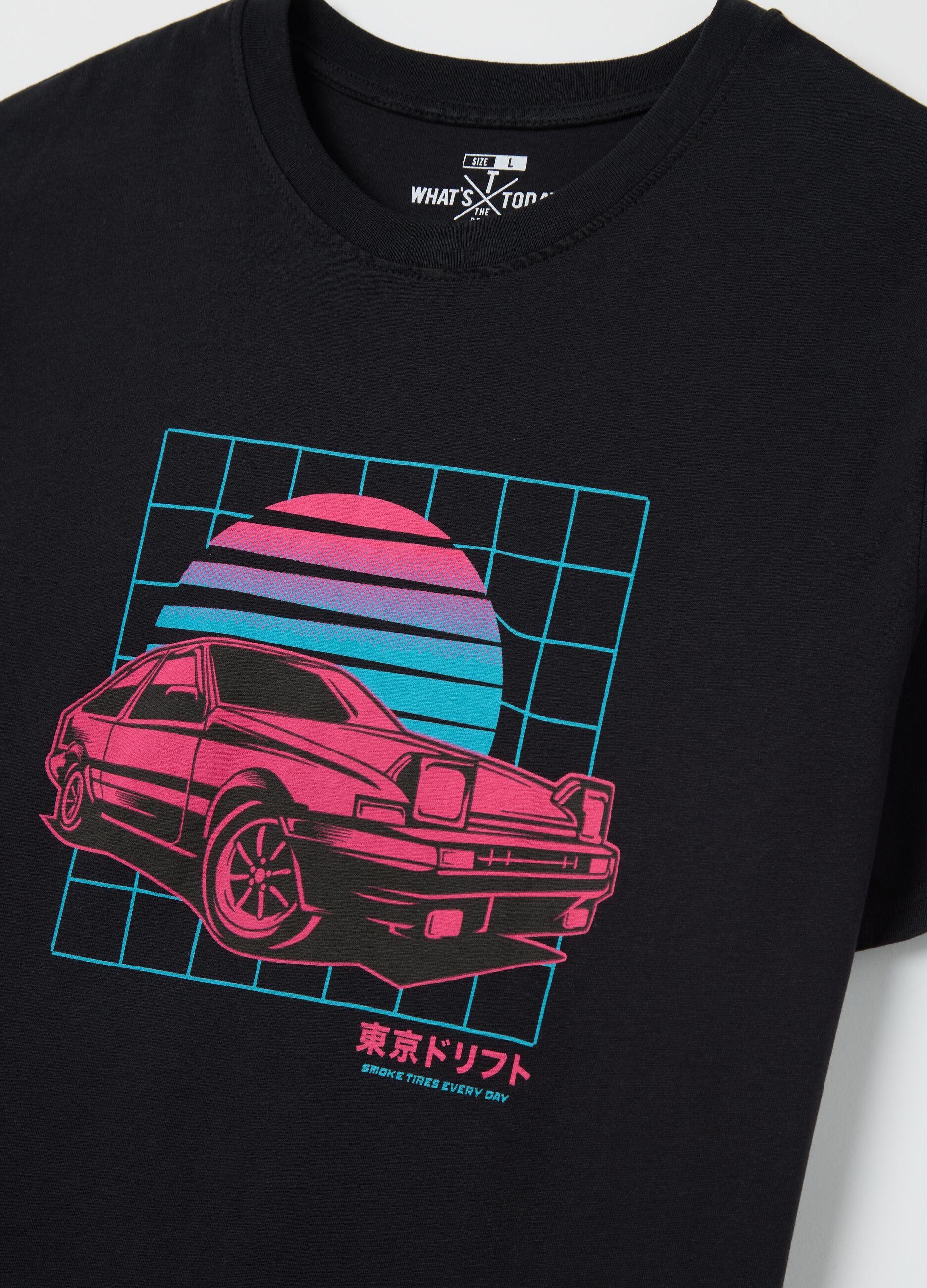 Black cotton T-shirt with racing car print