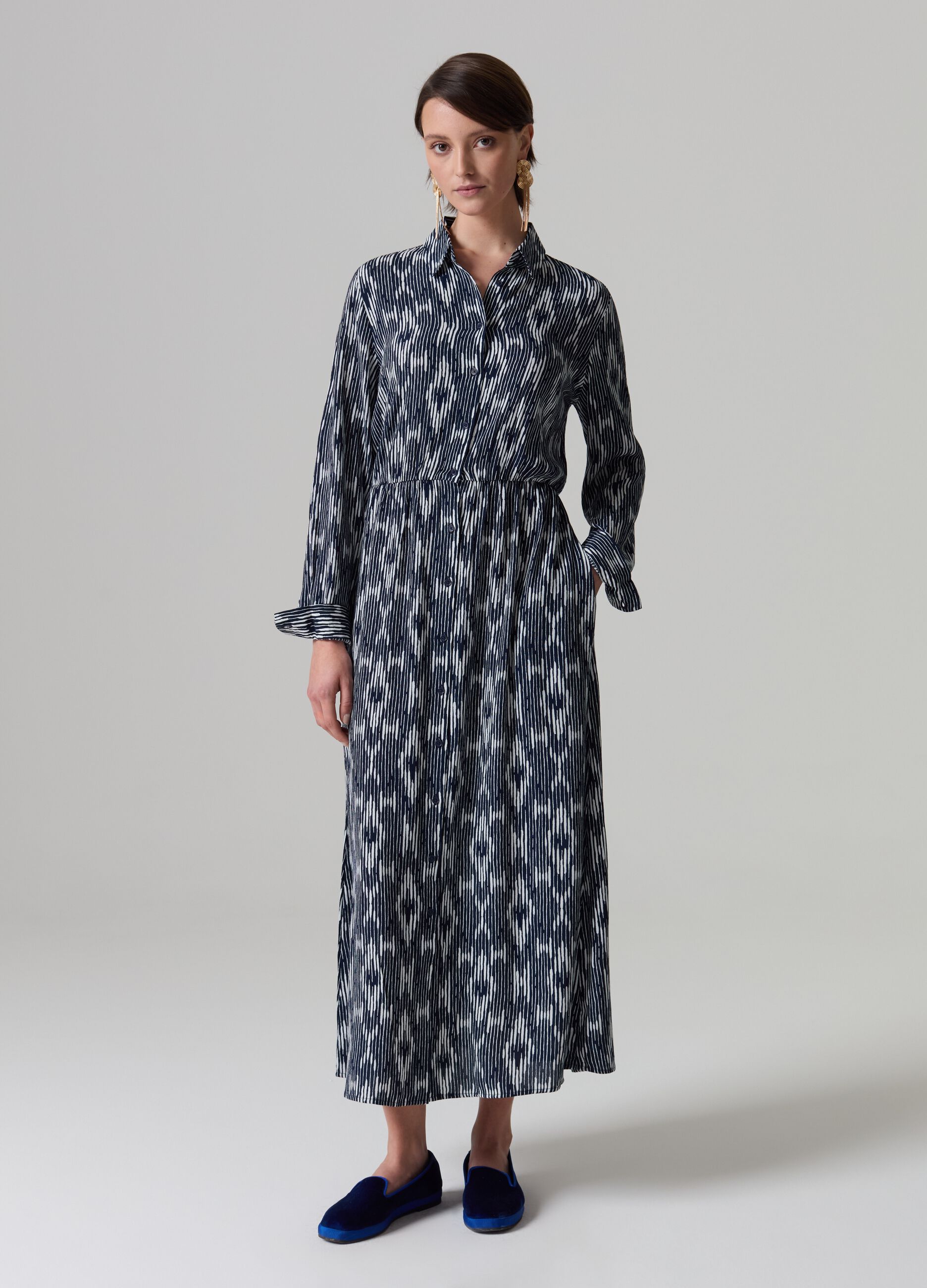 Abito lungo chemisier con stampa ikat Bianco Blu PIOMBO da Donna OVS