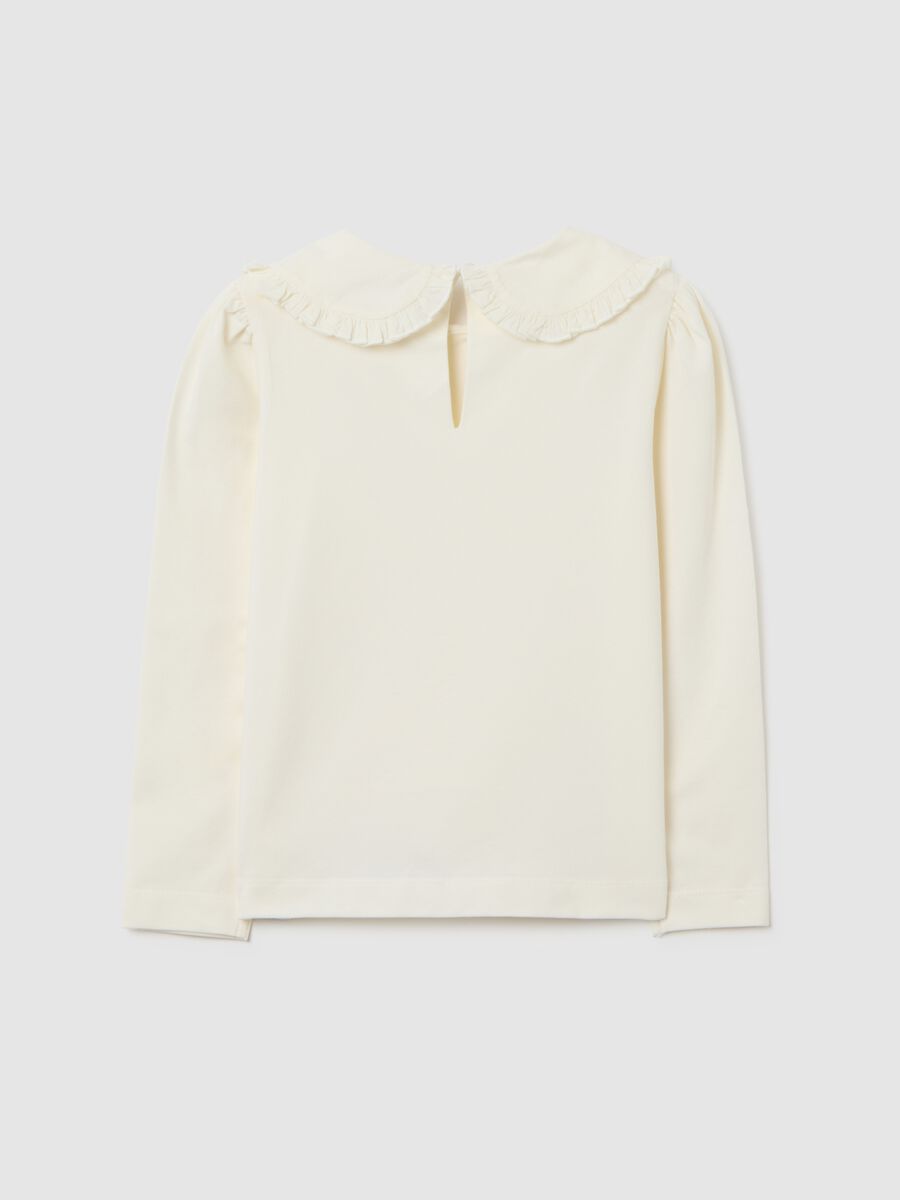 Girls' white cotton blend regular fit top with textured collar_1