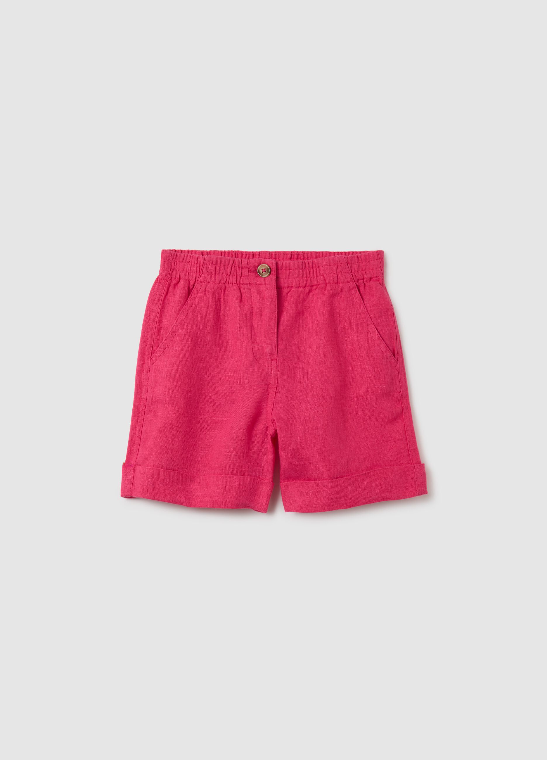 Girls' Pink Linen Regular Fit Shorts