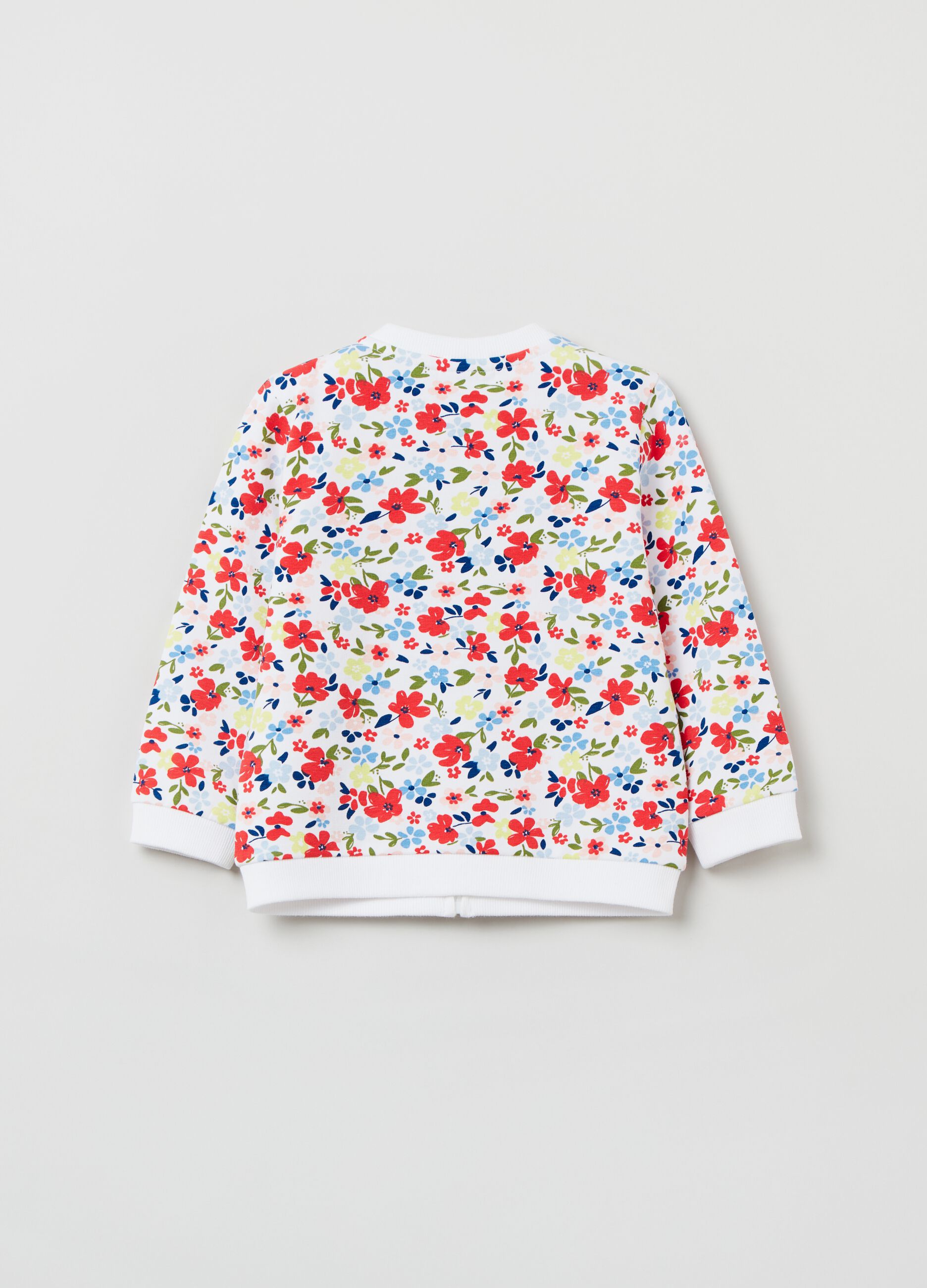 Stretch cotton full-zip sweatshirt with flowers print