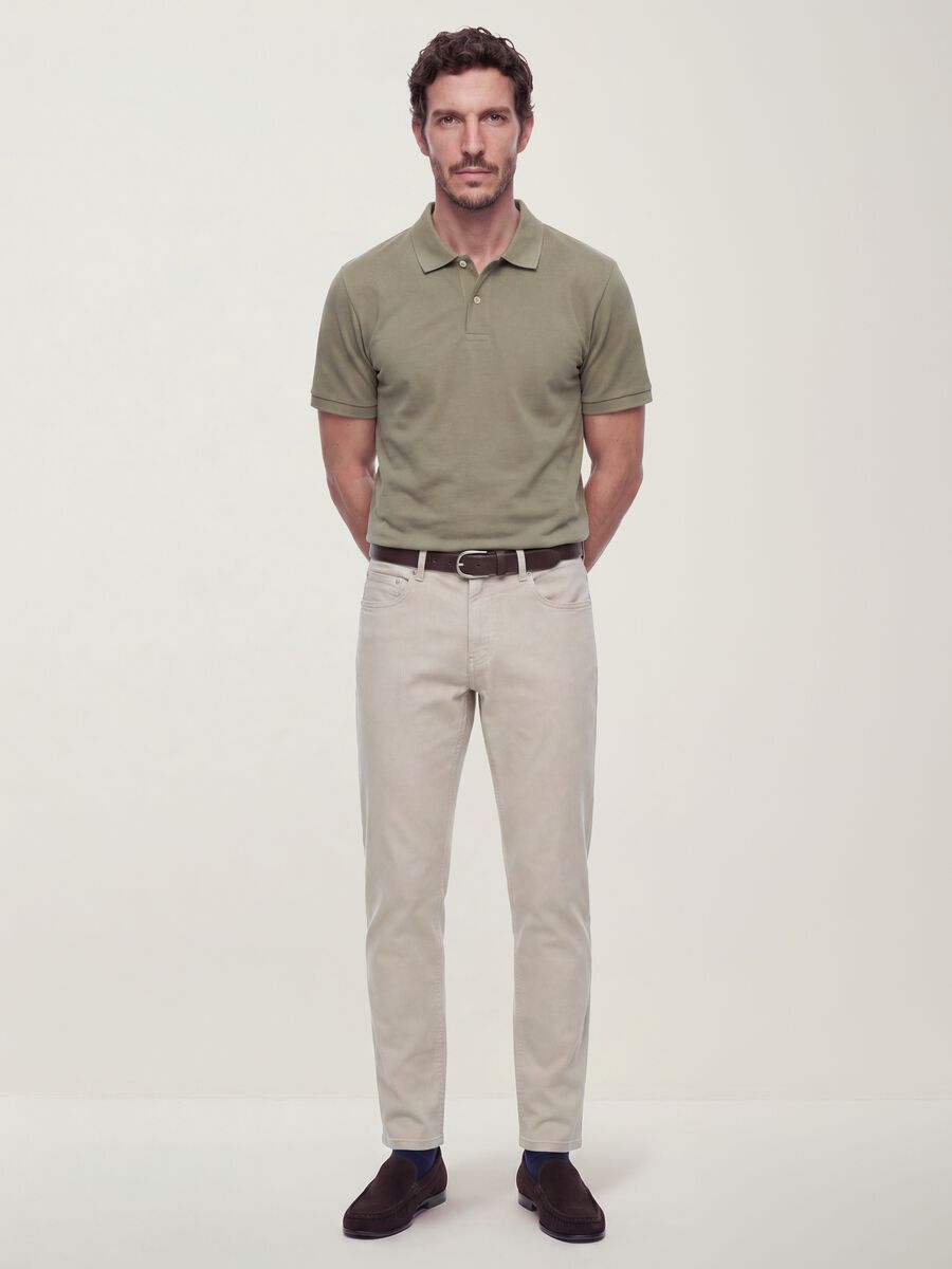 Beige slim-fit stretch cotton dobby trousers_0