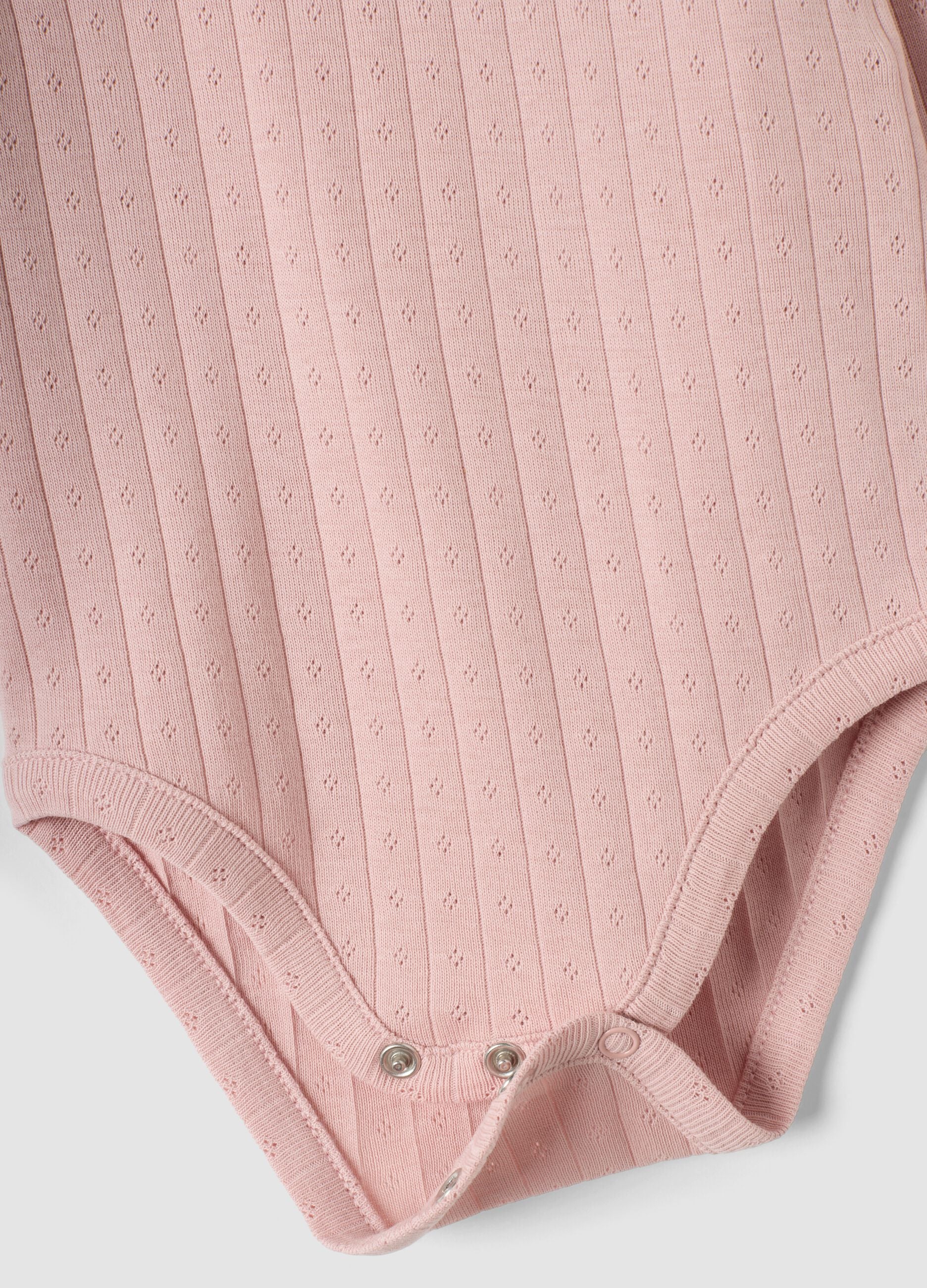 Bipack body rosa e viola in puro cotone organico a coste traforate