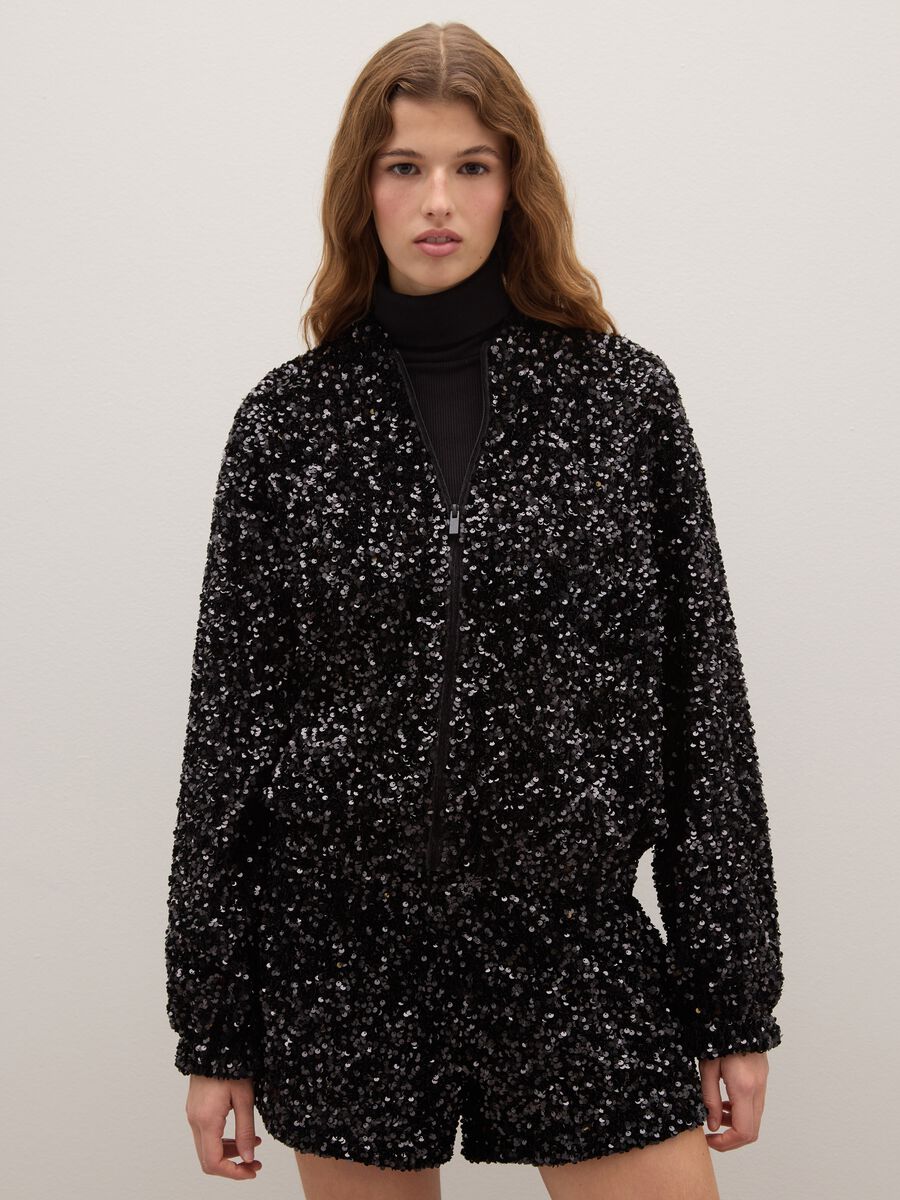 Black regular fit cardigan with zip and sequins_1